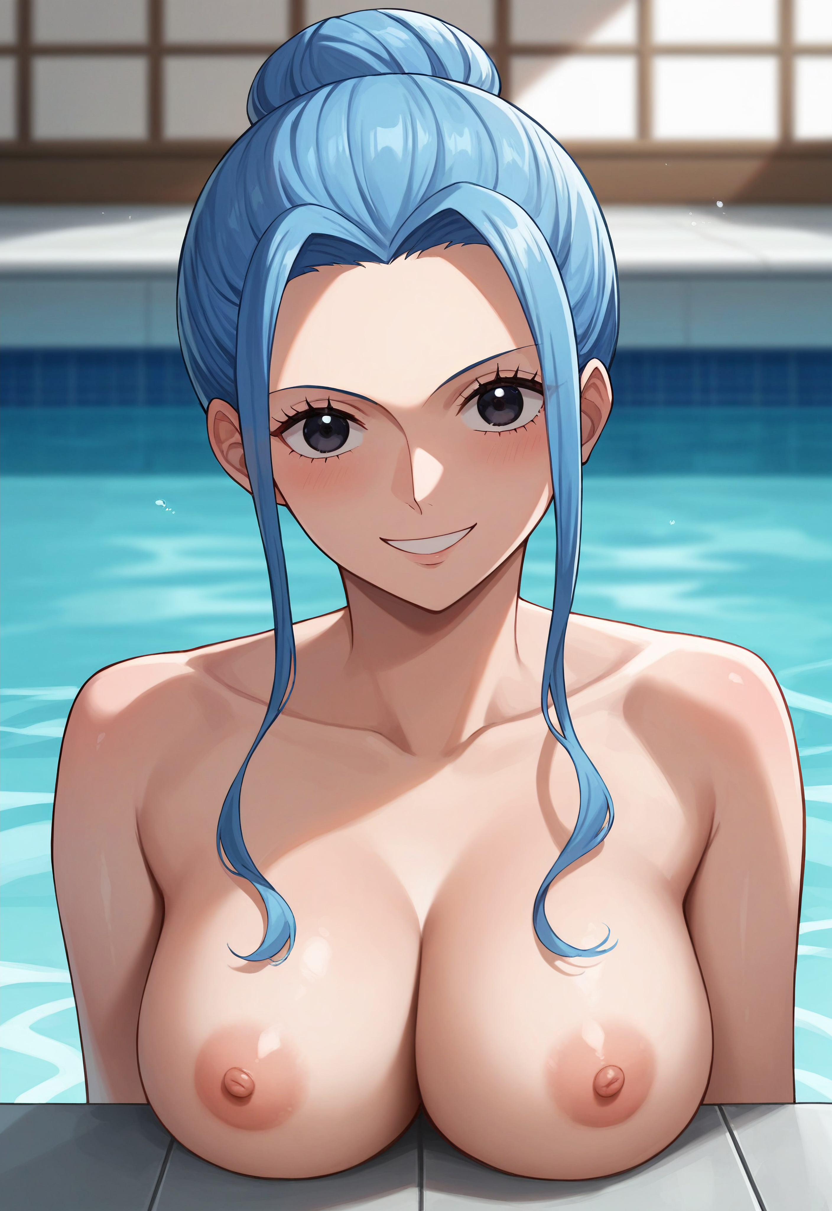 1girls, ai generated, blue, blue hair, breasts, female, female only, nefertari vivi, nipples, nude, nude female, one piece, pool, robinlover, smile, solo, tagme
