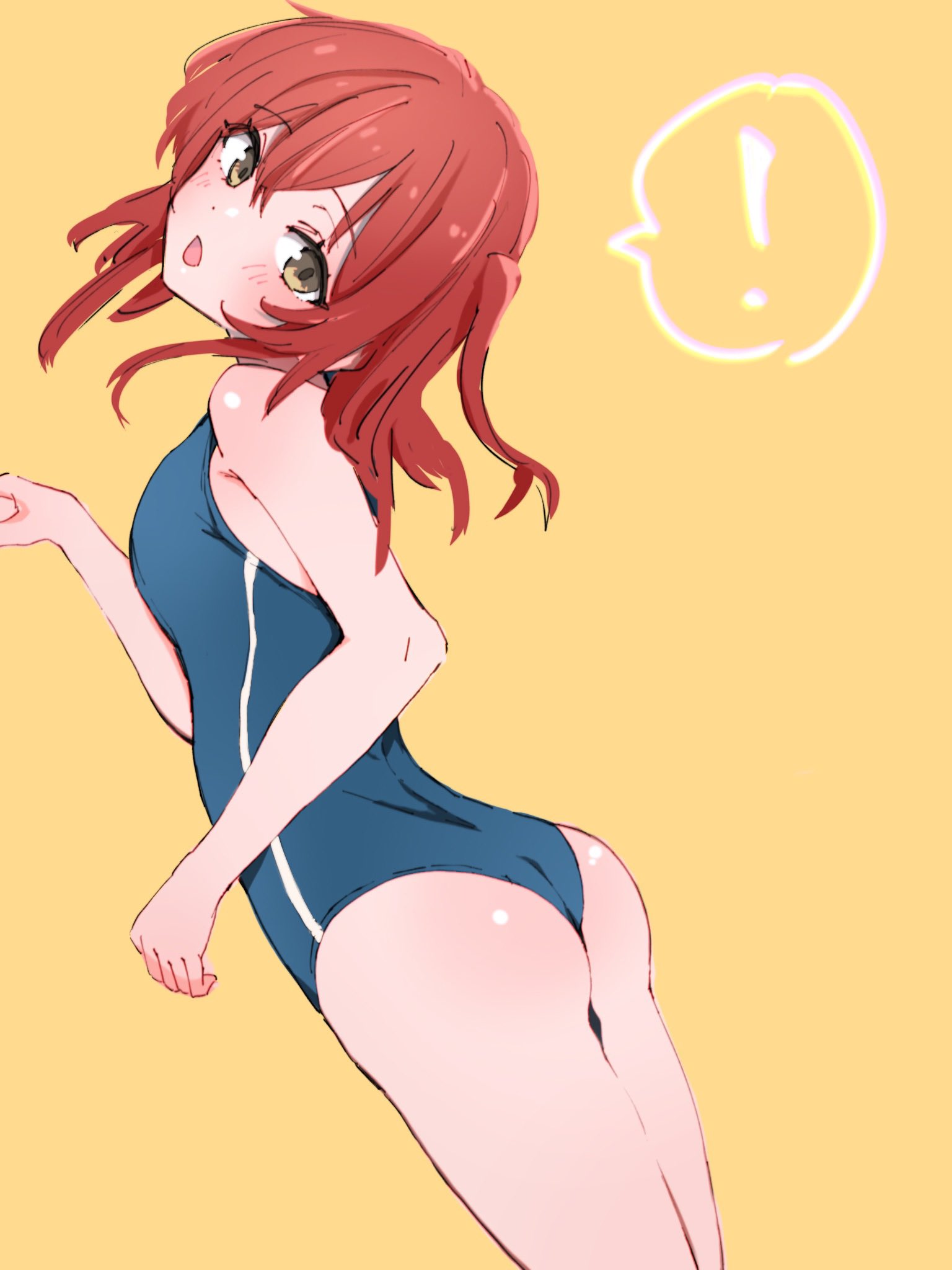 ! 1girls ass bare_arms bare_legs bare_shoulders bare_skin bare_thighs blue_swimsuit blue_swimwear blush blush blush_lines bocchi_the_rock! dot_nose elbows eyebrows_visible_through_hair female female_focus female_only fingers green_eyes green_eyes_female hair_between_eyes hair_ornament high_resolution highres kita_ikuyo legs light-skinned_female light_skin long_hair looking_at_viewer looking_back looking_back_at_viewer one-piece_swimsuit open_mouth petite petite_body petite_breasts petite_female petite_girl red_hair red_hair_female school_swimsuit shoulders sideboob simple_background slender_body slender_waist slim_girl slim_waist small_breasts solo standing student swimsuit swimwear teenager thighs thin_waist ukitaryu upper_body yellow_background