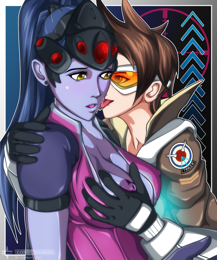 2d 2girls blizzard_entertainment blue_hair blue_skin bodysuit breast_grab breasts eyewear female female_only goggles groping headgear licking multiple_girls nipples one_breast_out overwatch ticktank tracer widowmaker yuri