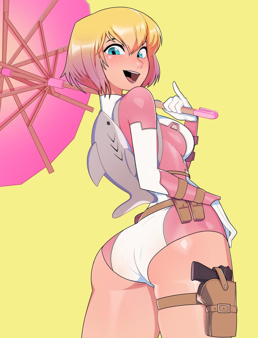 aqua_eyes ass blonde_hair breasts female gloves gradient_hair gwenpool gwenpool_(series) highres holding holding_umbrella leotard long_sleeves looking_at_viewer marvel marvel_comics medium_breasts minicop2001 multicolored_hair multicolored_leotard open_mouth pink_hair pink_leotard pink_umbrella pouch shark short_hair smile spider-man_(series) superhero_costume umbrella white_gloves white_leotard yellow_background
