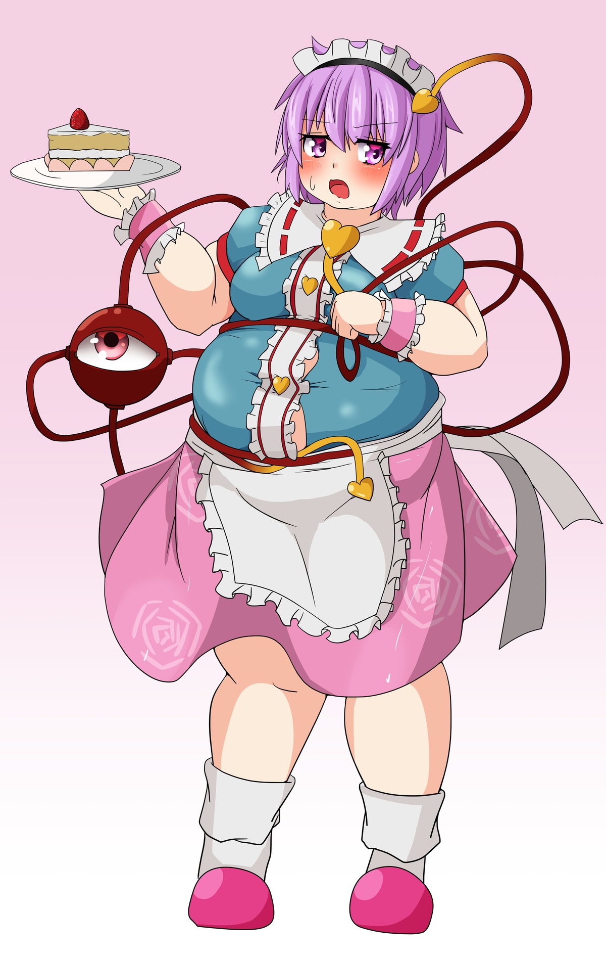 ass, bbw, belly overhang, big belly, big female, blush, cake, chubby, chubby female, embarrassed, fat, fat ass, fat female, fat fetish, fatty, female, giantess, large female, maid, maid apron, maid headdress, maid outfit, maid uniform, mini giantess, nerizou, obese, obese female, overweight, overweight female, pig, pink hair, plump, pork chop, satori komeiji, sweat, sweatdrop, sweating, thick thighs, tight clothes, tight clothing, tight fit, touhou, tubby, weight gain