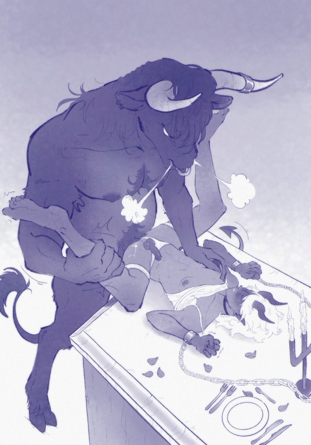 2boys, centaur ea, chained wrists, chains, devil, devil horns, devil tail, gay, gay male, male, male penetrated, male penetrating, male penetrating male, male/male, minotaur, sacrifice, size difference, yaoi