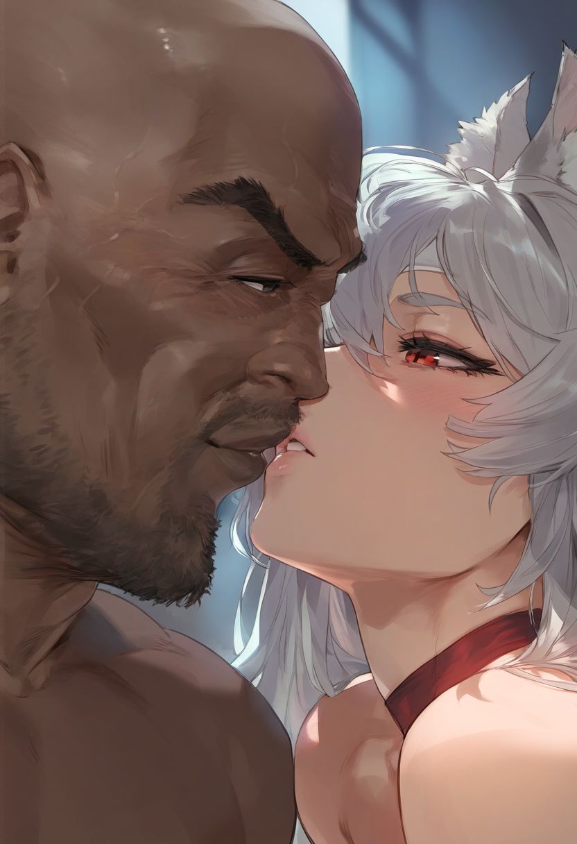 1boy, 1girls, ai generated, animal ears, axiah, breasts, cat ears, cat girl, dark skin, dark-skinned female, dark-skinned male, female, ghislaine dedoldia, imminent oral, interracial, kiss, kissing, large breasts, male, mushoku tensei, oral