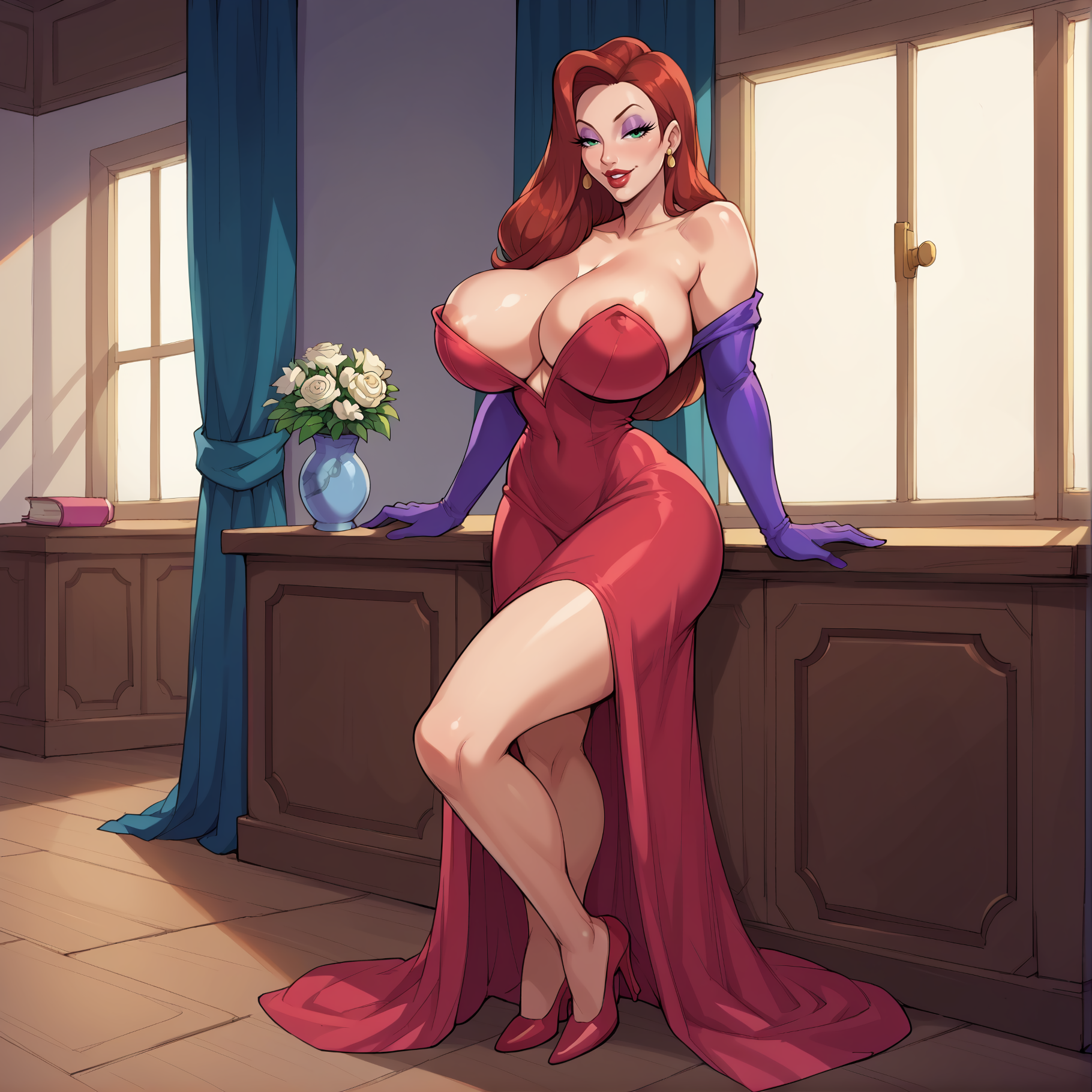 1girls, ai generated, areola slip, ass, big ass, big breasts, breasts, dress, elbow gloves, eyeliner, female, green eyes, highres, jessica rabbit, lipstick, makeup, red hair, solo female, who framed roger rabbit