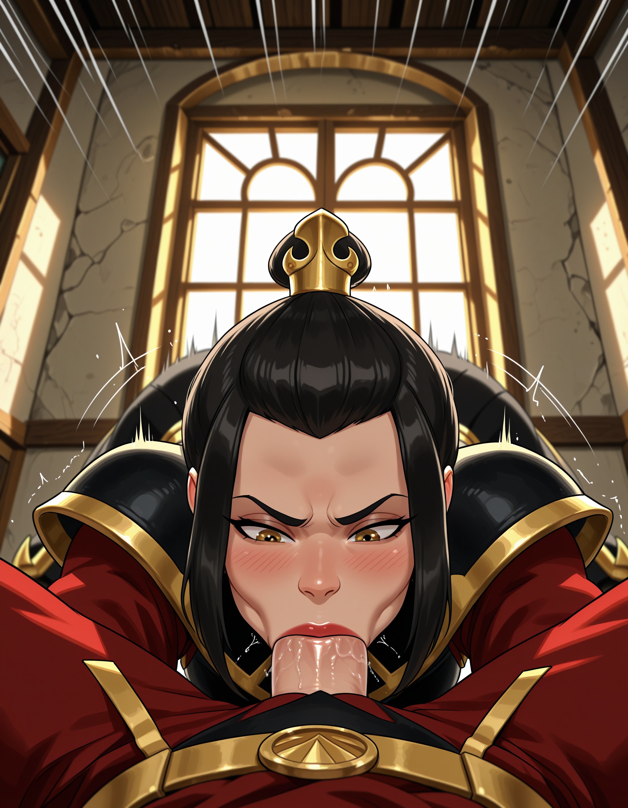 :>=, 1boy, ai generated, armor, avatar (series), avatar legends, avatar the last airbender, avatar: the last airbender, azula, black hair, blush, brown eyes, clothing, deepthroat, emphasis lines, erection, fellatio, female, futanari, hair bun, heart-shaped pupils, indoors, jousneystudio, lipstick, looking down, makeup, male, motion lines, nickelodeon, nicktoons, oral, penis, pov crotch, red lips, saliva, shoulder armor, sidelocks, single hair bun, solo focus, straight, symbol-shaped pupils, veins, veiny penis, window, yellow eyes