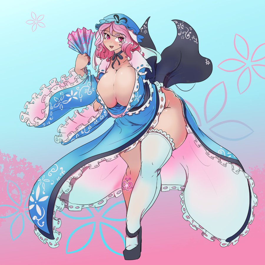 1girls asymmetrical_legwear blue_kimono cleavage female_only ghost_girl greenm huge_breasts japanese_clothes paper_fan pink_eyes pink_hair saigyouji_yuyuko tagme touhou yuyuko_saigyouji