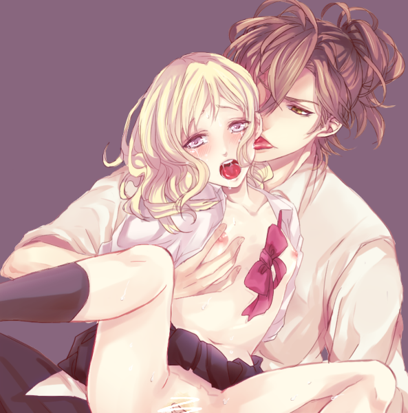 1boy blonde_hair blush bowtie brown_eyes brown_hair calf_socks censored diabolik_lovers female flat_chest komori_yui licking long_hair looking_at_another mukami_yuma nipples open_clothes open_mouth open_shirt pettanko pink_eyes ponytail saliva school_uniform shirt small_breasts straight tears tied_hair undressing uniform