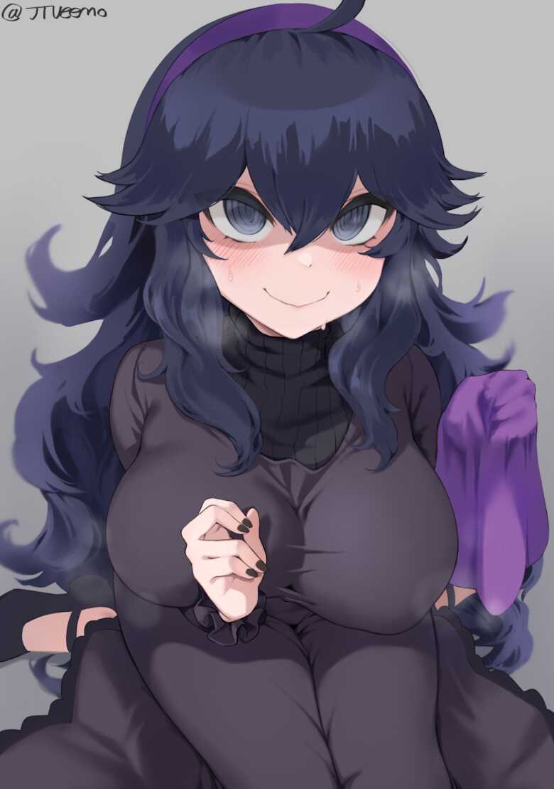 1girls, black dress, blush, blushing, breasts, crazy eyes, dress, female, game freak, hex maniac, huge breasts, jtveemo, on knees, pokemon, smile, solo, solo female, solo focus, sweat