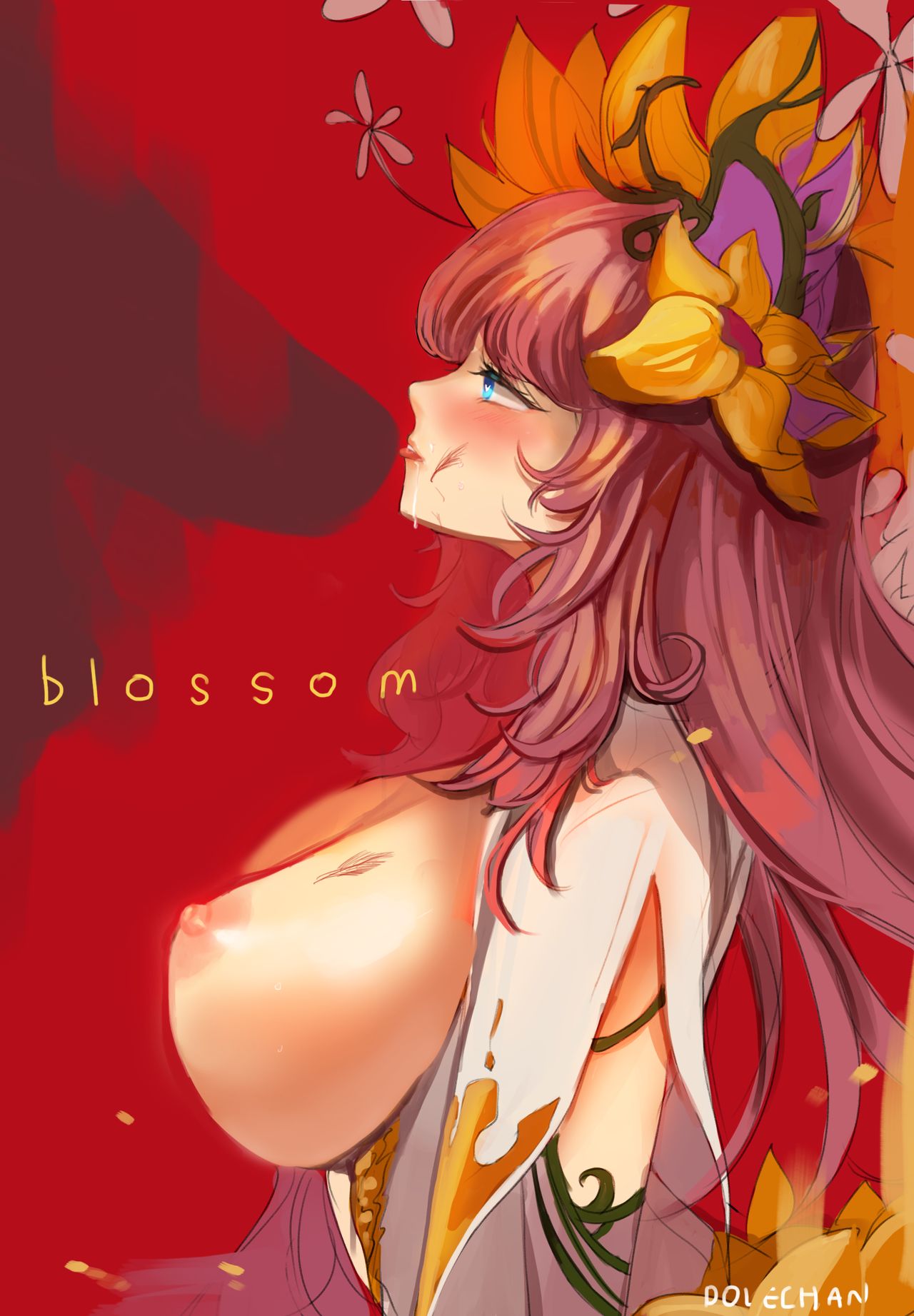 before_blowjob before_rape blossom_(dungeon_and_fighter) blue_eyes breasts_out dolechan dungeon_and_fighter exposed_breasts exposed_nipples flower_queen_blossom large_breasts light_blush long_hair massive_breasts messy messy_hair pink_hair rape sucking sucking_tip watermark