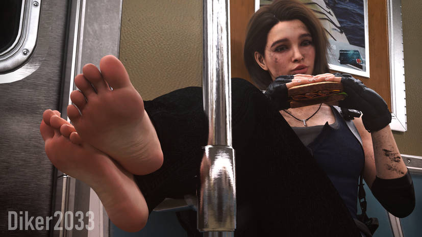 1girls 3d barefoot clothing eating eating_food feet feet_focus foot_fetish jeans jill_sandwich jill_valentine jill_valentine_(sasha_zotova) resident_evil resident_evil_3 resident_evil_3_remake sandwich_(food) sitting soles subway tank_top toes