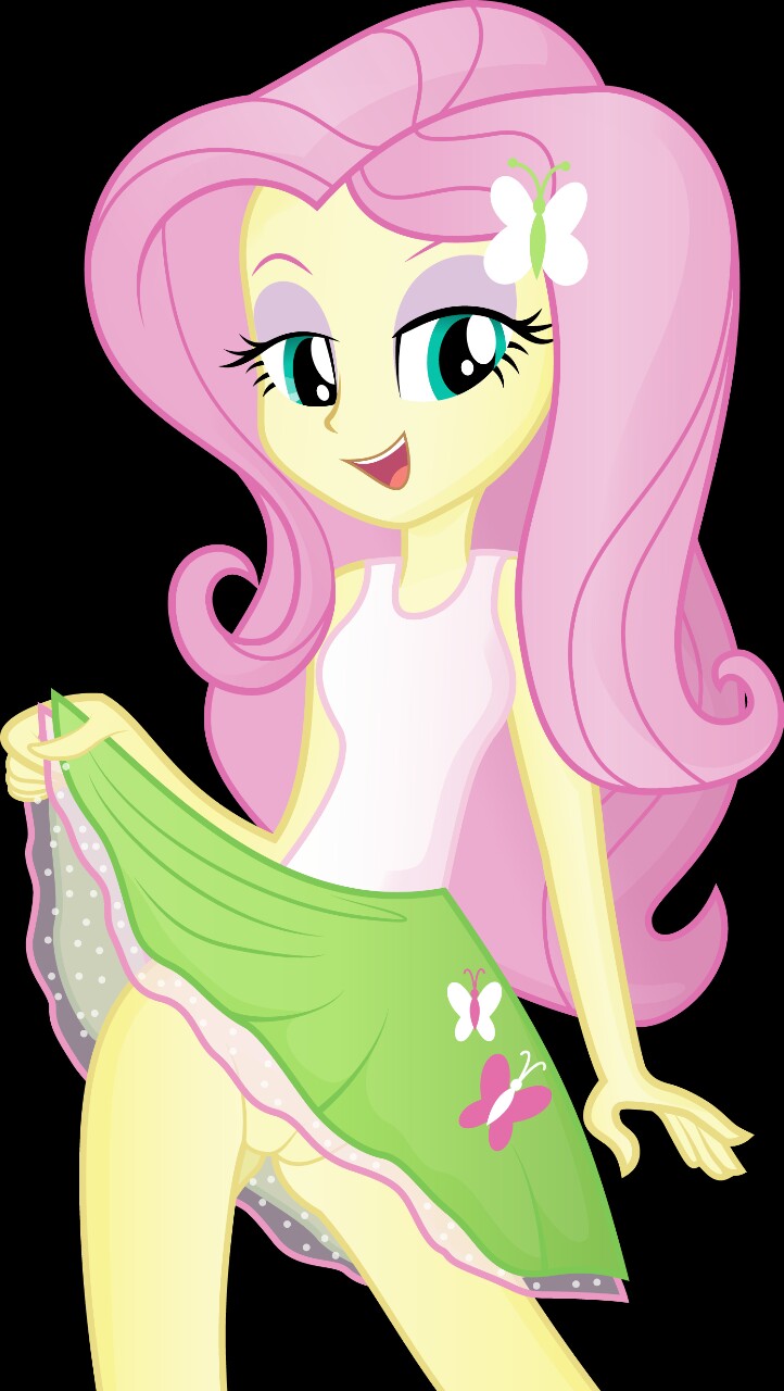 black_background blue_eyes butterfly butterfly_hair_ornament equestria_girls female fluttershy_(eg) long_hair looking_at_viewer my_little_pony no_panties pink_hair presenting pussy rainbownspeedash skirt_lift smile smirk solo straight_hair vulva