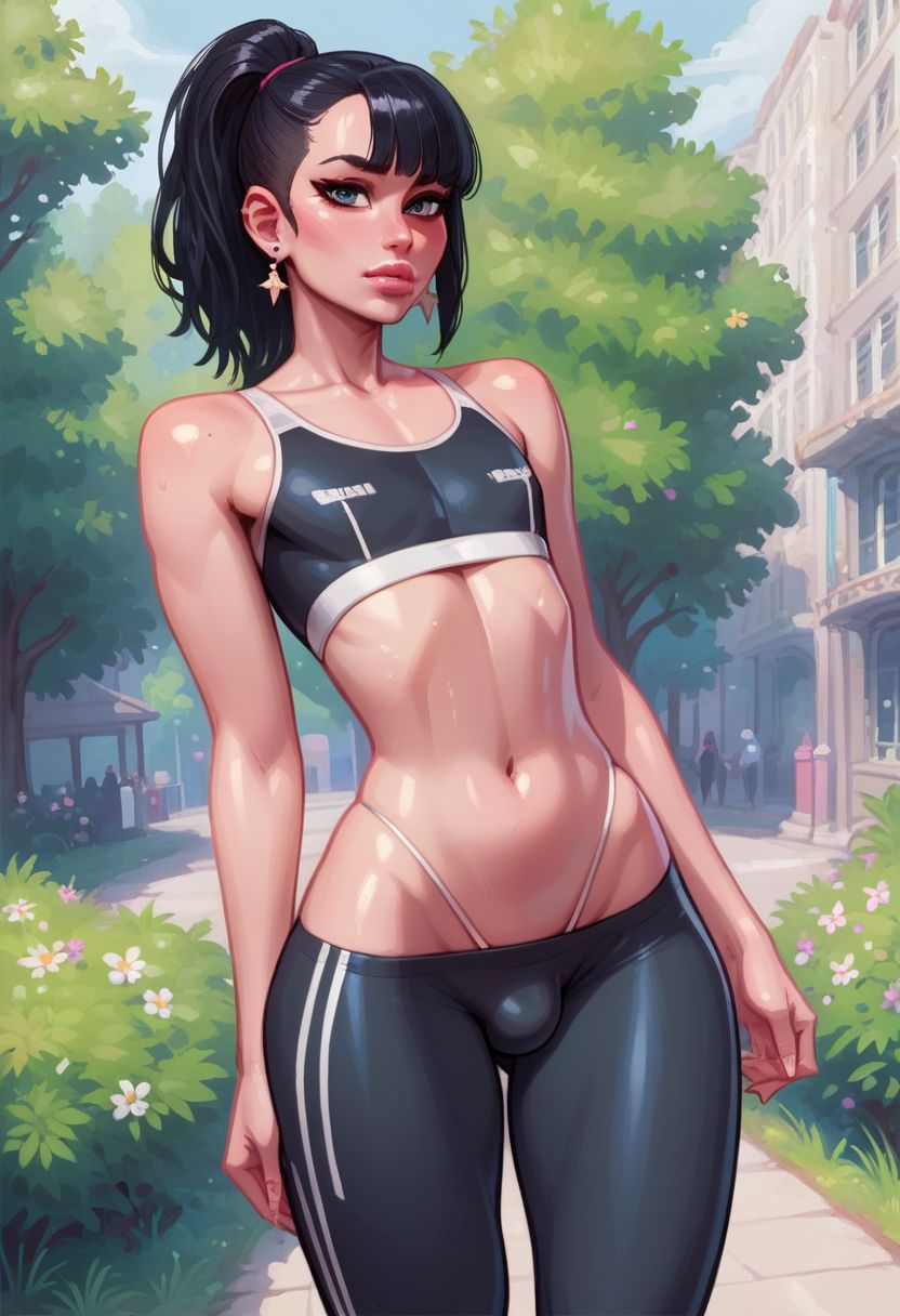 1boy, ai generated, black hair, bulge, bulge through clothing, earrings, femboy, male, male only, noredeemingvalue, ponytail, sports bra, sportswear, thong, tummy, yoga pants