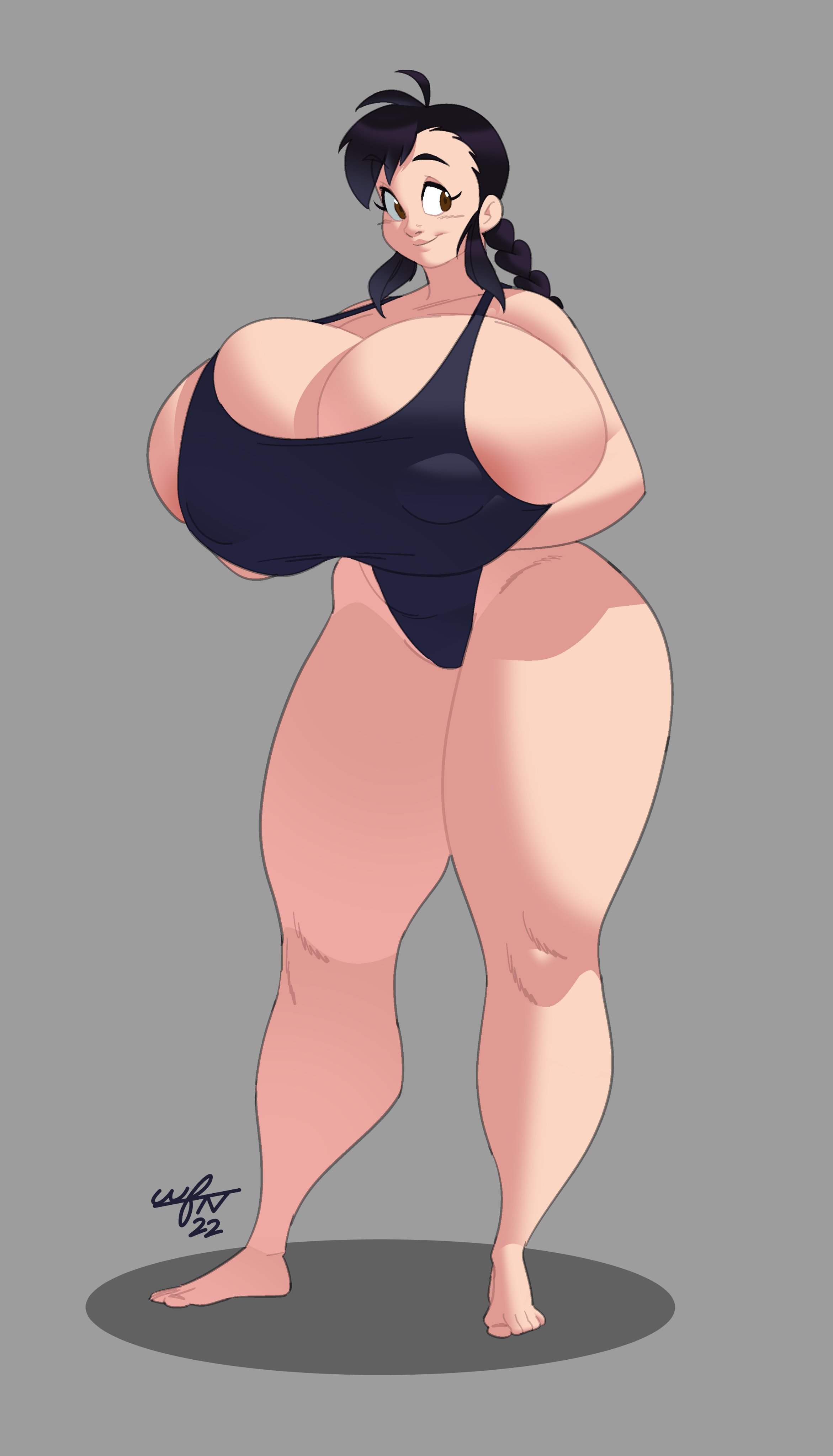 1girls, boris grim, breasts, female, harorlood, huge breasts, marina (harorlood), nipple bulge, one-piece swimsuit, thighs