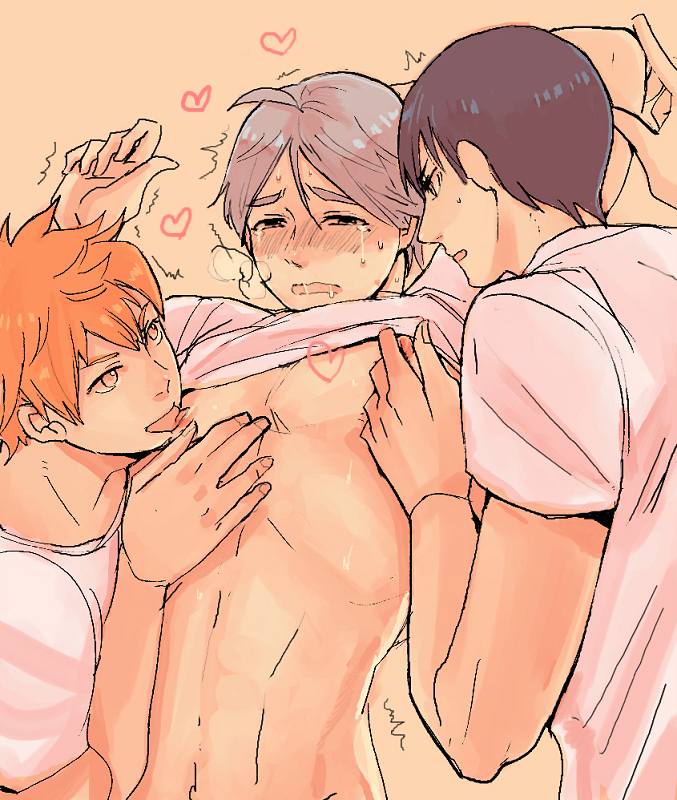 3boys abs black_hair blush color gay grey_hair haikyuu!! human licking male male_only multiple_boys muscle naughty_face nipples orange_hair short_hair shoyo_hinata sugawara_koushi tobio_kageyama undressing wince yaoi