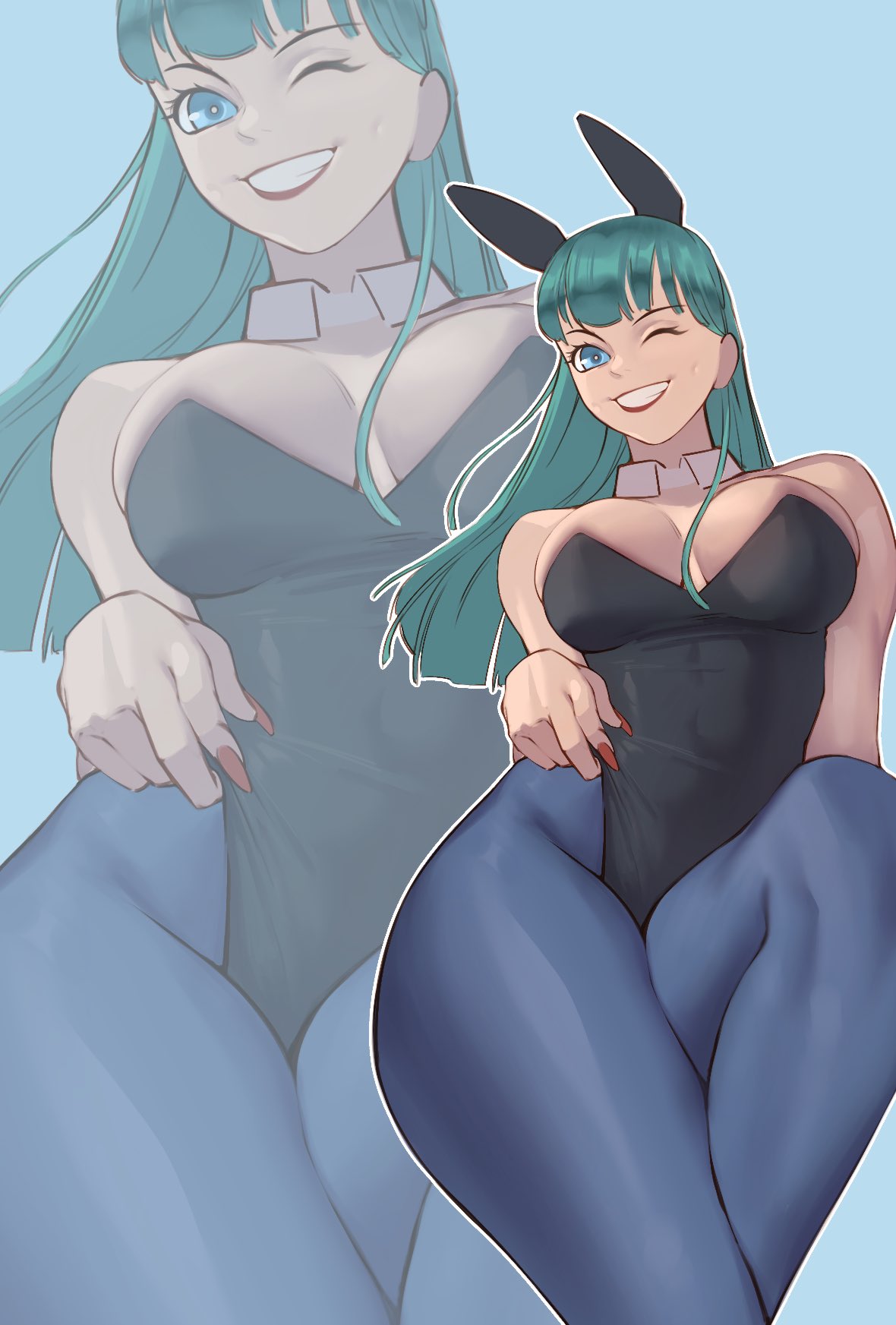 1girls blue_eyes bulma_briefs bunny_ears bunny_girl bunnysuit busty cleavage dragon_ball light-skinned_female light_skin painted_fingernails painted_nails pantyhose red_nails smiling teal_hair tights winking winking_at_viewer zukululuu