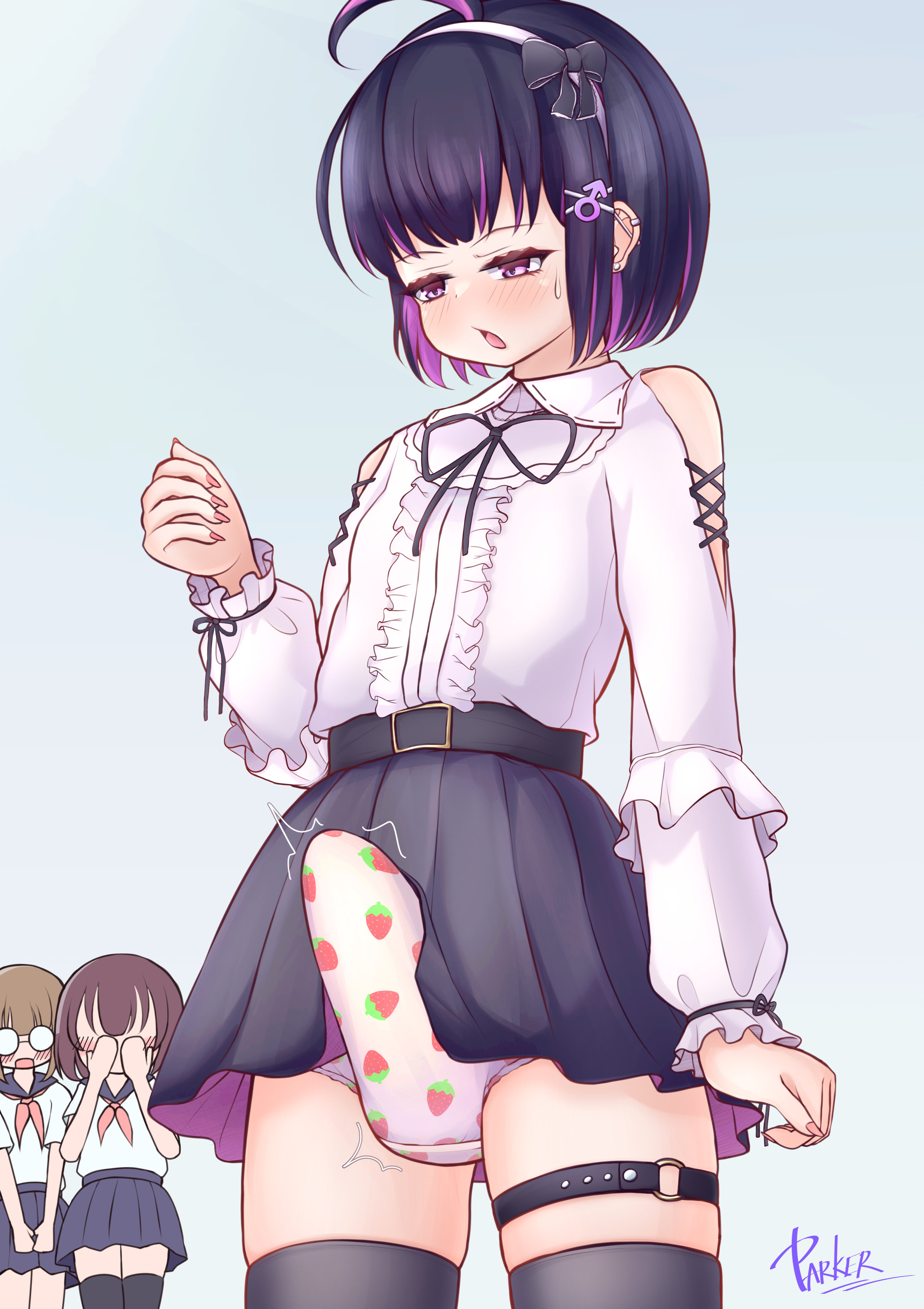 1boy, barely contained, belt, big bulge, big penis, bulge, crossdressing, embarrassed, femboy, frilled shirt, frilly clothing, gothic lolita, hair ornament, hairband, hung femboy, hung trap, laced clothing, leg strap, male, male symbol, otoko no ko, panties, parker, parker (noparking2310), penis, purple hair, skirt, strawberry panties, thighhighs, trap, underwear