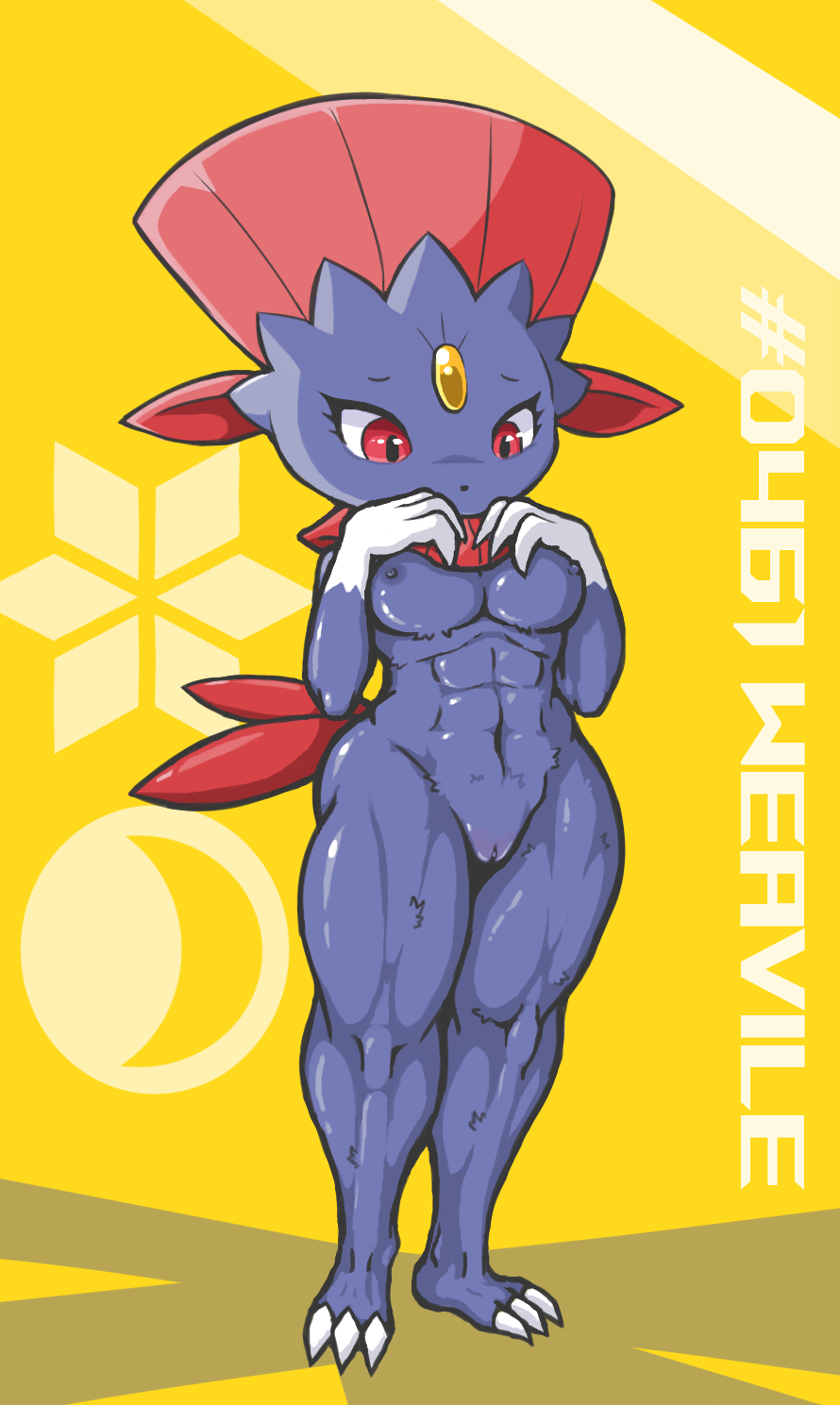 abs anonymous_artist anthro biped breasts claws eyelashes female forehead_gem fur gem generation_4_pokemon genitals hi_res mammal medium_breasts muscular muscular_female muscular_legs navel nintendo nipples nude pokemon pokemon_(species) pussy red_eyes simple_background solo standing symbol tail text toe_claws weavile yellow_background