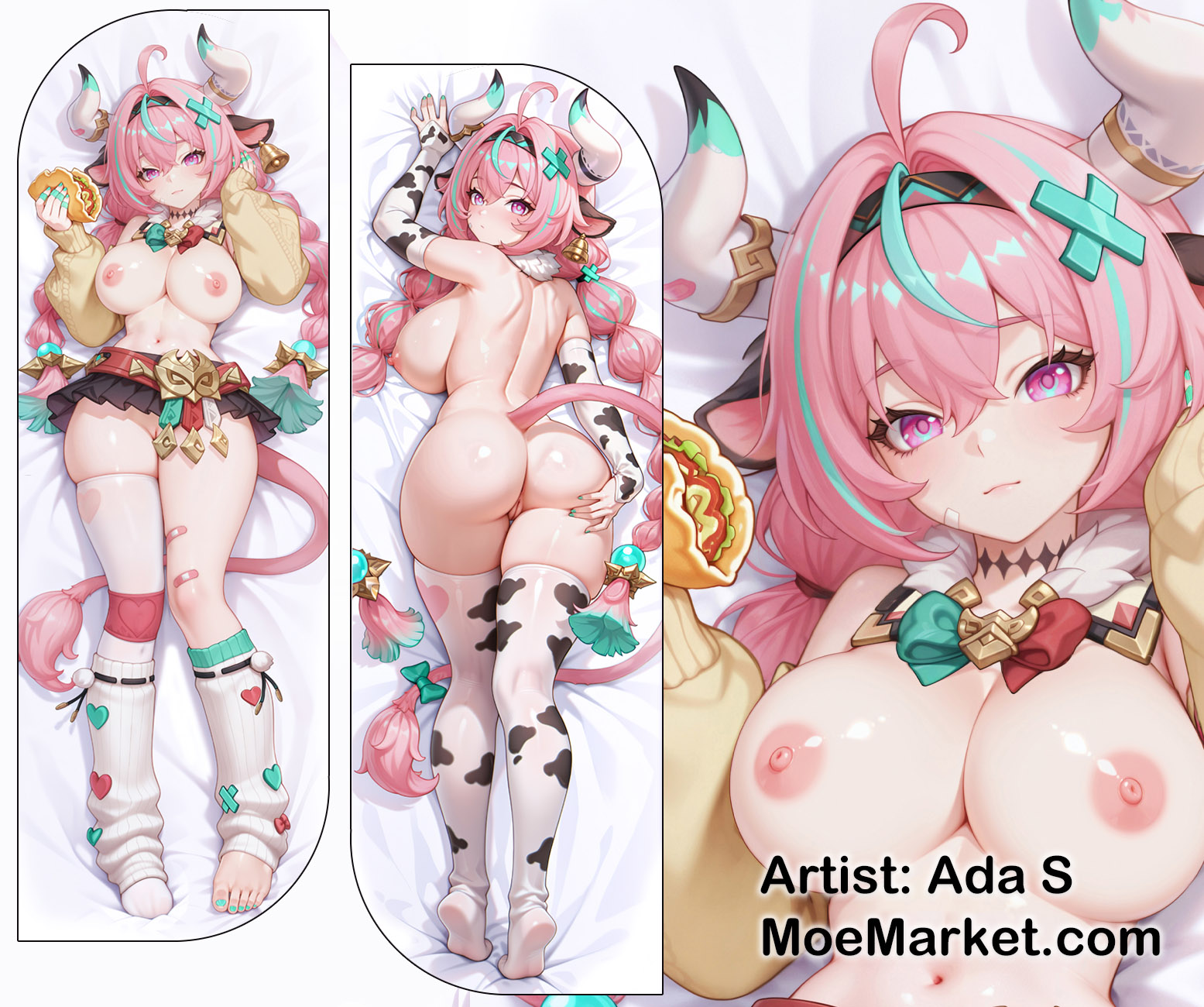 1girls, big breasts, breasts, cow ears, cow girl, cow tail, dakimakura, dakimakura design, female, genshin impact, horn, looking at viewer, multicolored hair, pink hair, solo, varesa (genshin impact)