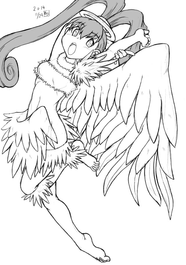 angel_wings barefoot digimon digimon_xros_wars feathers female flying gamonkoubou halo high_ponytail jewelry long_hair luminamon monochrome nene_amano nipples open_mouth ring simple_background solo tied_hair tongue twintails wings