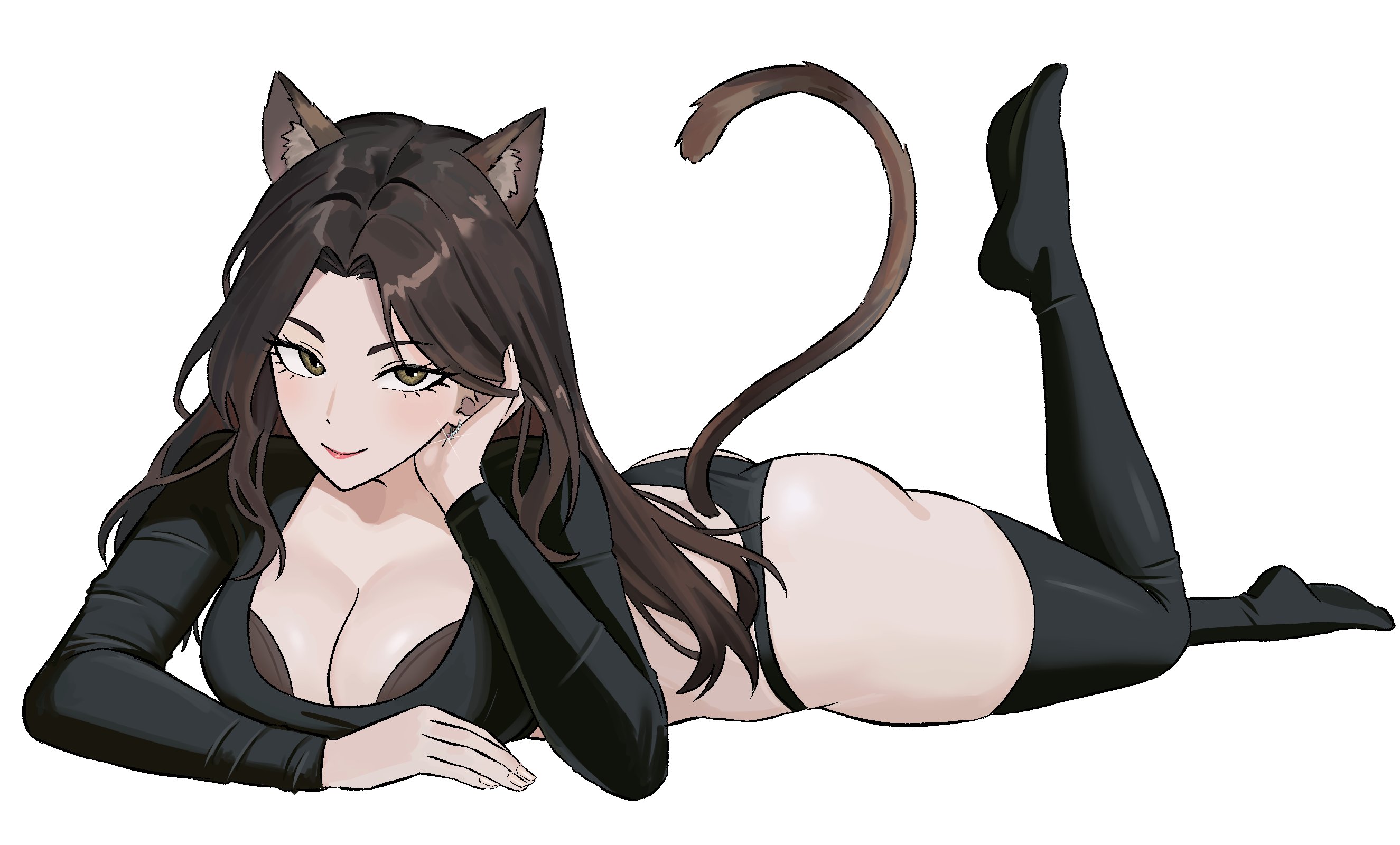 ass, big ass, big breasts, black panties, black thighhighs, breast focus, breasts, brown hair, cat ears, cat girl, cat tail, catgirl, cleavage, eye contact, female, hand on floor, hand on head, large ass, large breasts, lipstick, looking at viewer, lying, lying down, lying on stomach, oc, one leg up, original character, panties, pov, shirt, thick thighs, thighhighs, thighs, zeon (zzeeonn)