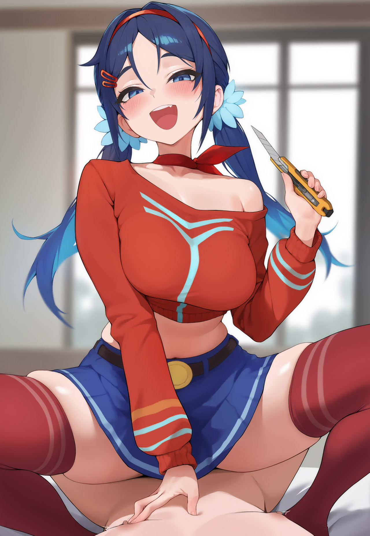 1boy, 1girls, ai generated, bare shoulders, blue eyes, blue hair, blue skirt, blush, breasts, choker, cowgirl position, depressu, female, hair ornament, hairband, hairclip, holding weapon, indoors, large breasts, long hair, looking at viewer, male, miside, mita (miside), open mouth, pov, red legwear, sex, skirt, smile, straddling, straight, thighhighs, twintails, yandere