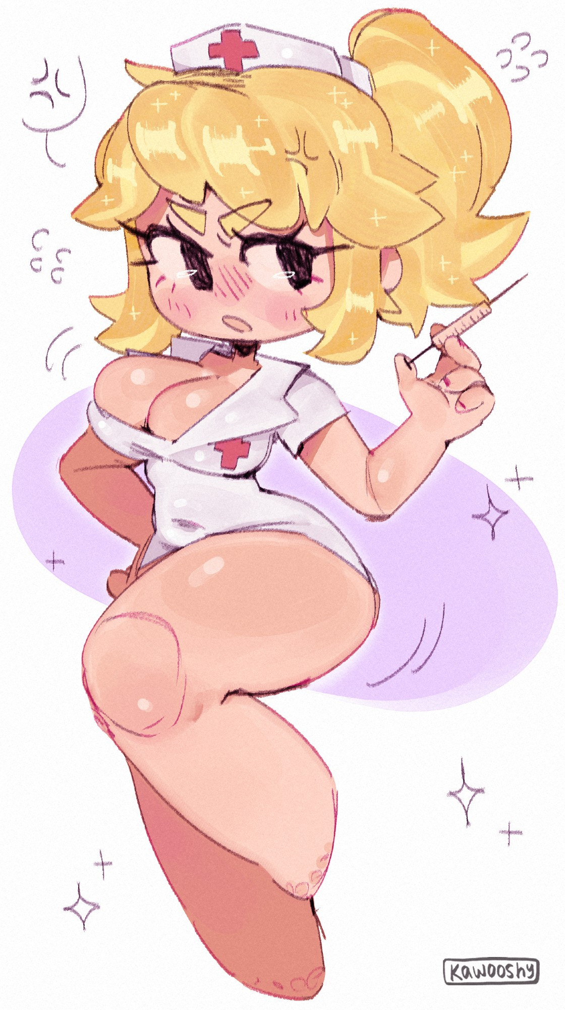 1girls, about to burst, barely contained, barely contained breasts, barely fits, blonde hair, breasts too big, bursting breasts, female, imminent wardrobe malfunction, kawooshy, light-skinned female, nurse (terraria), nurse uniform, simple background, tagme, terraria, tight fit, too tight, undersized clothes, undersized clothing