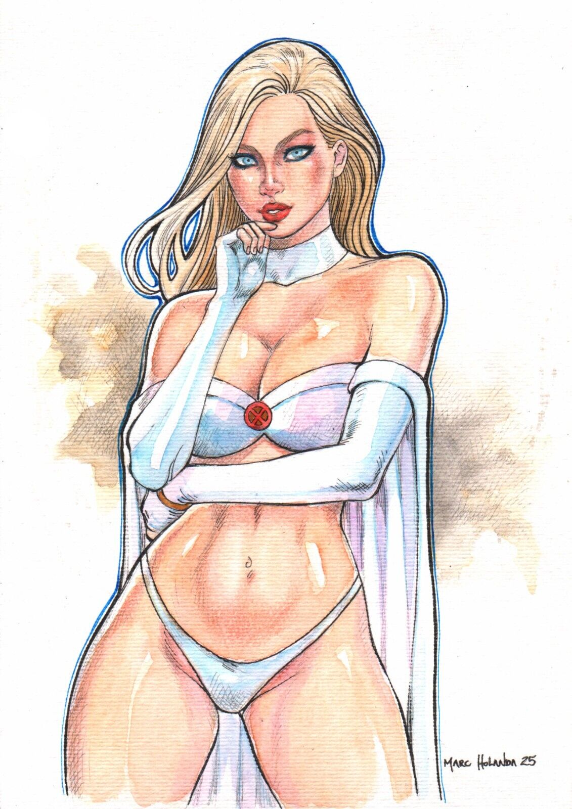 1girls blonde_hair blue_eyes breasts cleavage curvy curvy_female curvy_figure ed_benes_studio emma_frost female female_only hellfire_club hourglass_figure large_breasts marc_holanda marvel marvel_comics panties tan_skin white_queen wide_hips x-men