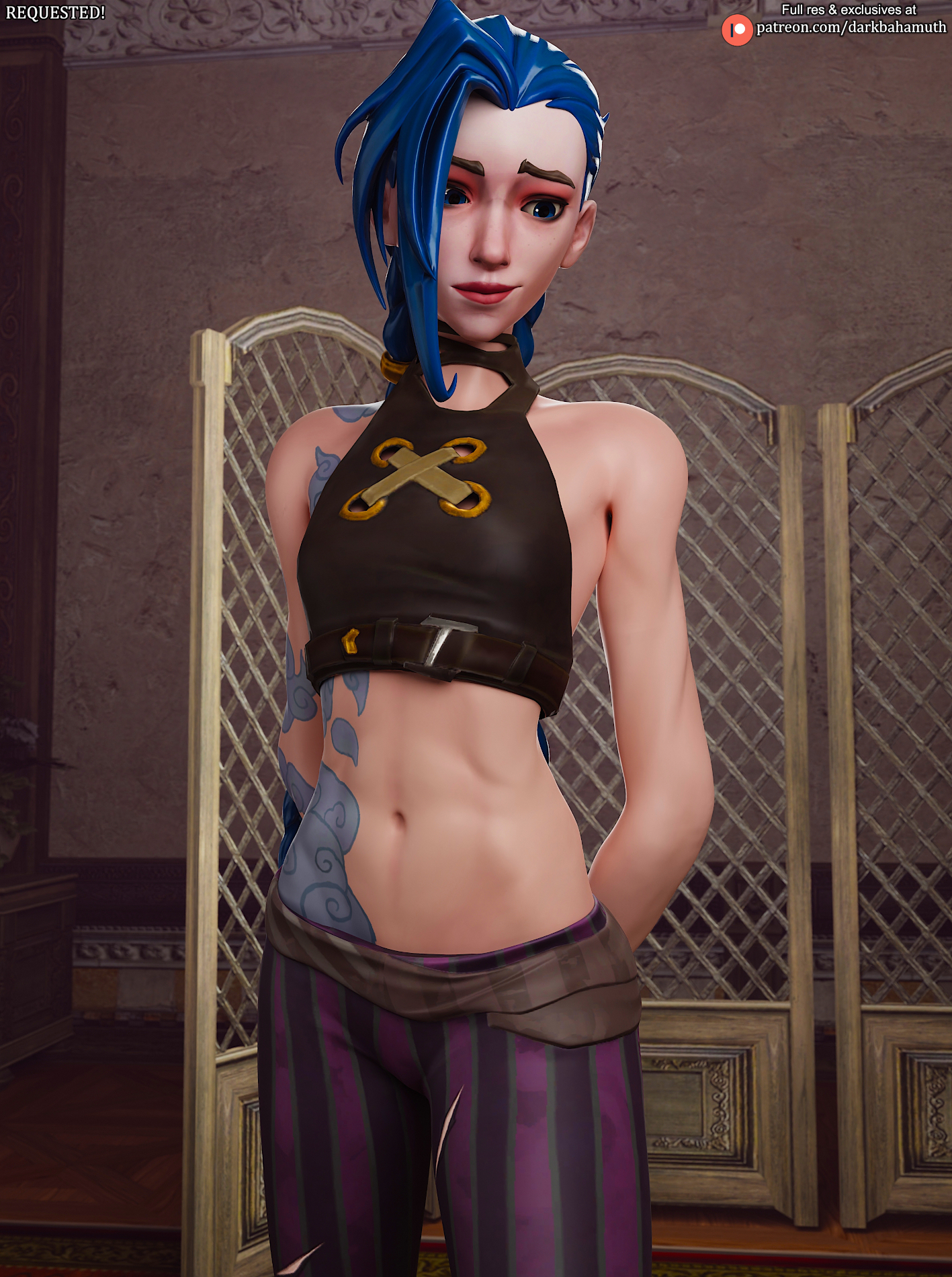 3d, arcane, belly, breasts, darkbahamuth, female, fortnite, jinx (league of legends), league of legends, midriff, petite, sfw, small breasts, teenager, young, younger female