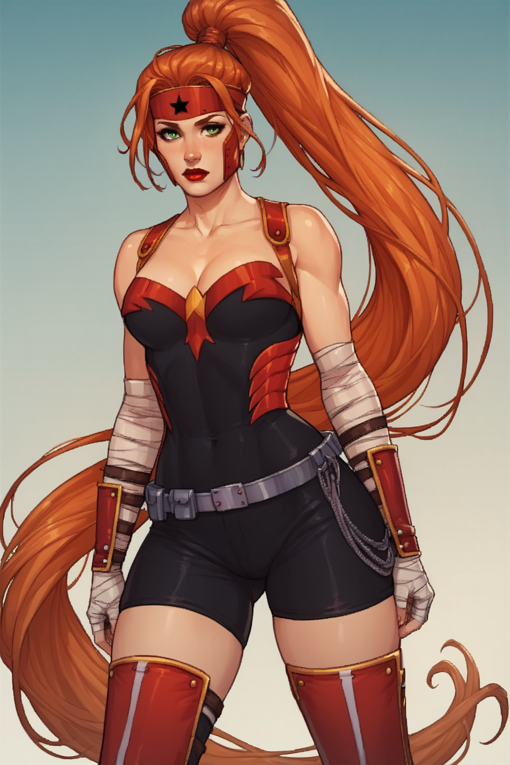 ai_generated amazon artemis_(dc) artemis_of_bana-mighdall dc dc_comics ginger green_eyes red_hair red_hood_and_the_outlaws