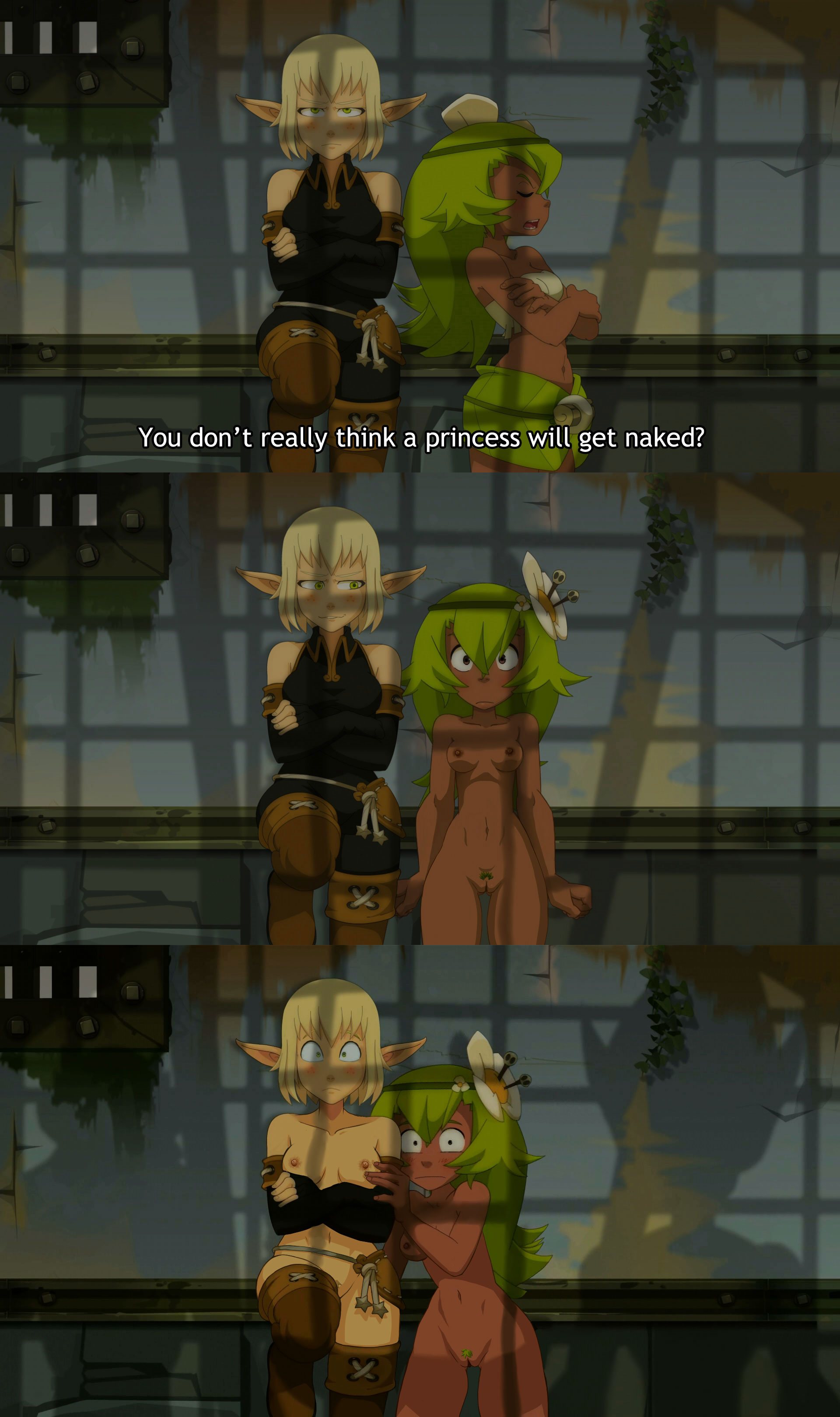 2girls, amalia, ankama, blonde hair, cra, dark skin, dark-skinned female, embarrassed, evangelyne, female, female only, multiple females, multiple girls, sadida, tagme, uncensored, wakfu
