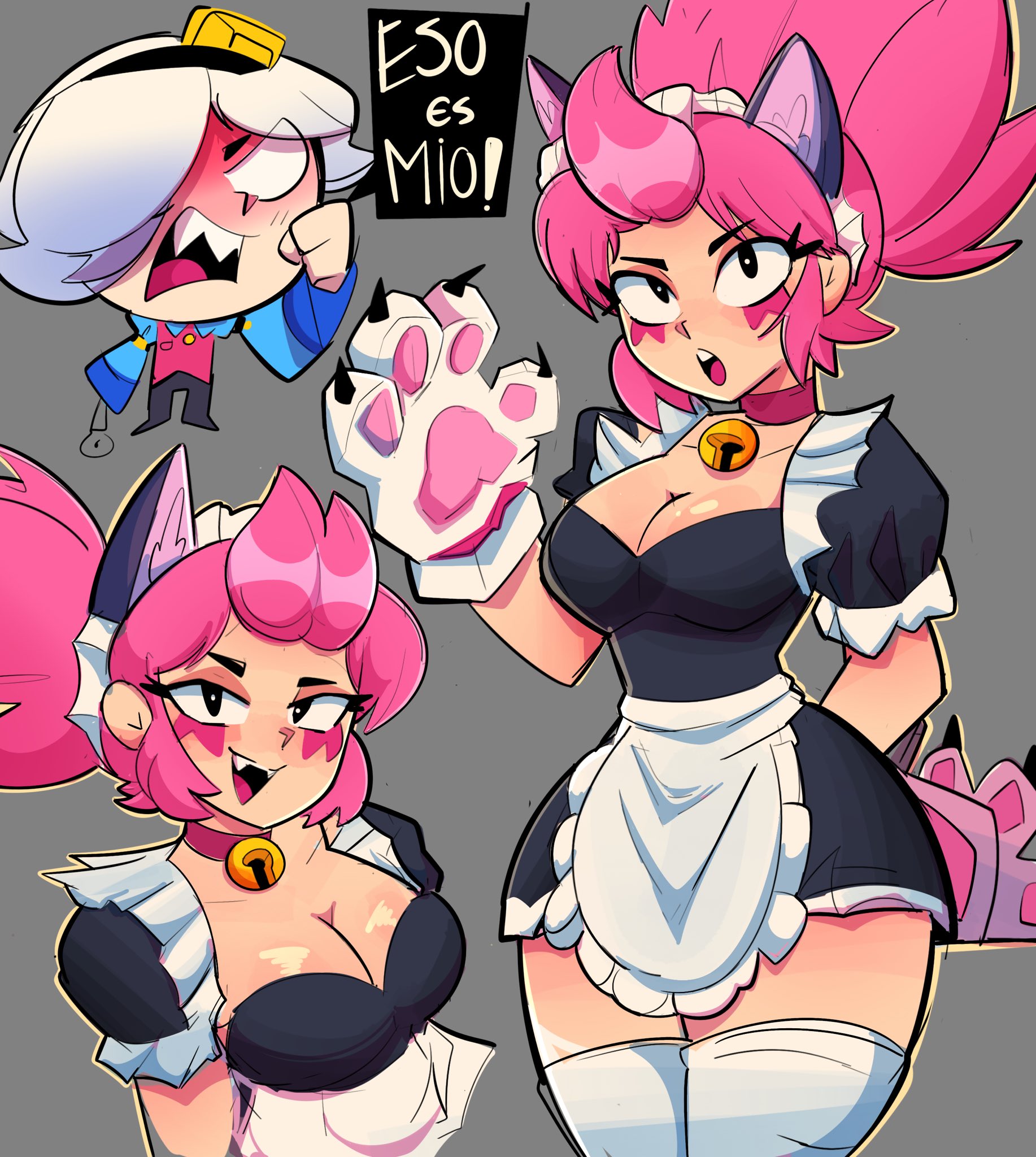 angry, angry face, animal ears, brawl stars, breasts, colette (brawl stars), crazy female, fake animal ears, fake ears, female, janet (brawl stars), jartiz, maid, not porn, pink hair, sfw, tagme, text, thick thighs, white hair