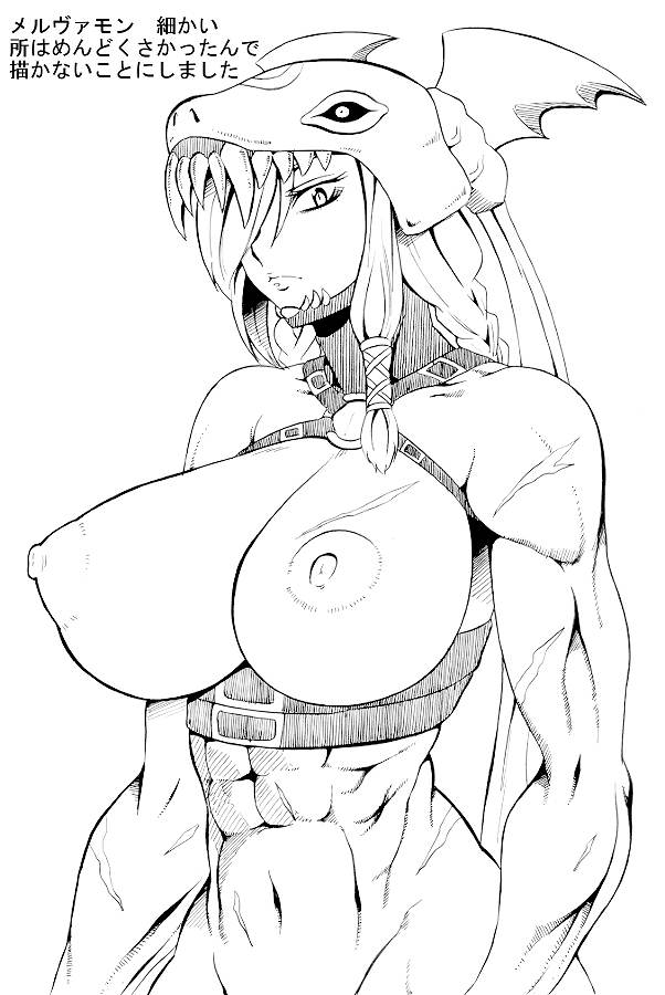 1girls abs amazon amazonian animal_hat areolae artist_request braid braided_hair breasts buckle character_sheet cleavage digimon digimon_(species) digimon_xros_wars female female_only hair hair_over_one_eye headgear helmet large_breasts long_hair mervamon monochrome muscle nipples solo toned very_long_hair