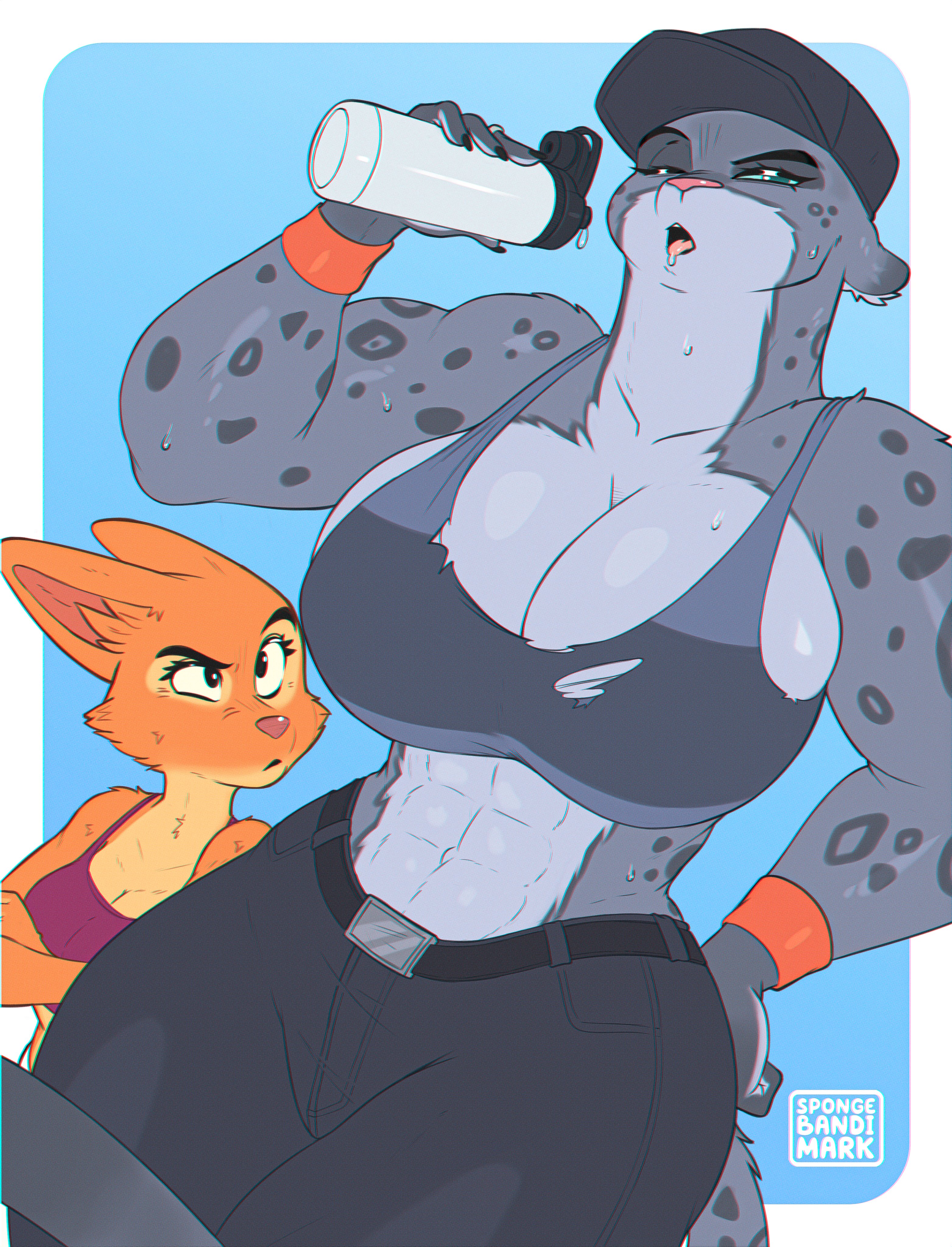 abs, big breasts, breasts, cat girl, cat humanoid, catgirl, diane foxington, dreamworks, female, female focus, female only, fox, fox girl, furry, green eyes, grey fur, kitty kat (the bad guys), larger female, muscular, muscular anthro, muscular female, orange fur, smaller female, snow leopard, spongebandimark, spots, spotted fur, the bad guys 2