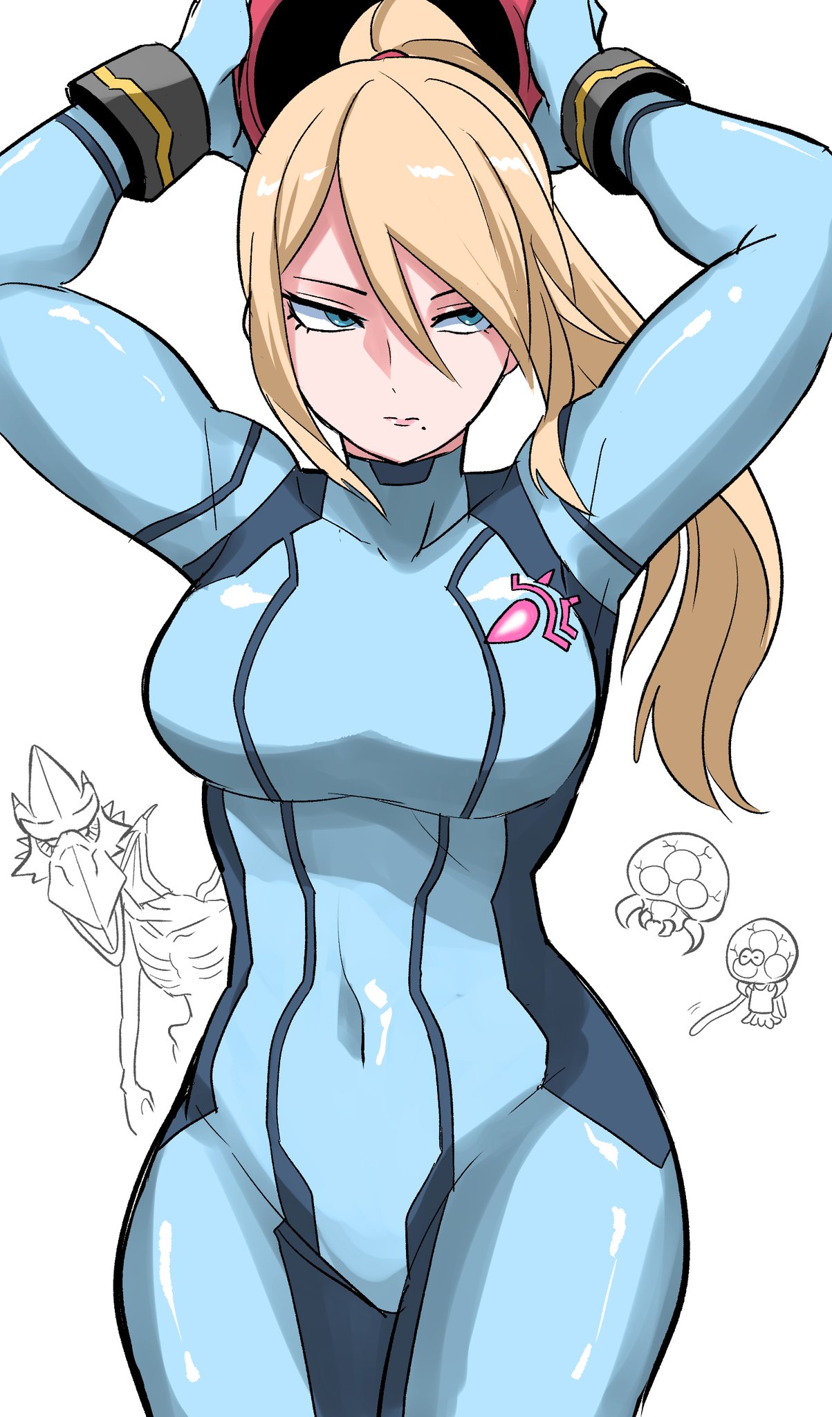 1boy, abs, blonde hair, blue bodysuit, blue eyes, bodysuit, breasts, female, highres, holding, ilo a5, long hair, looking at viewer, male, metroid, metroid (creature), metroid larva, mole, mole under mouth, navel, nintendo, ponytail, ridley, samus aran, simple background, skin tight, splatoon, splatoon (series), super smash bros., toned female, wings, zero suit, zero suit samus