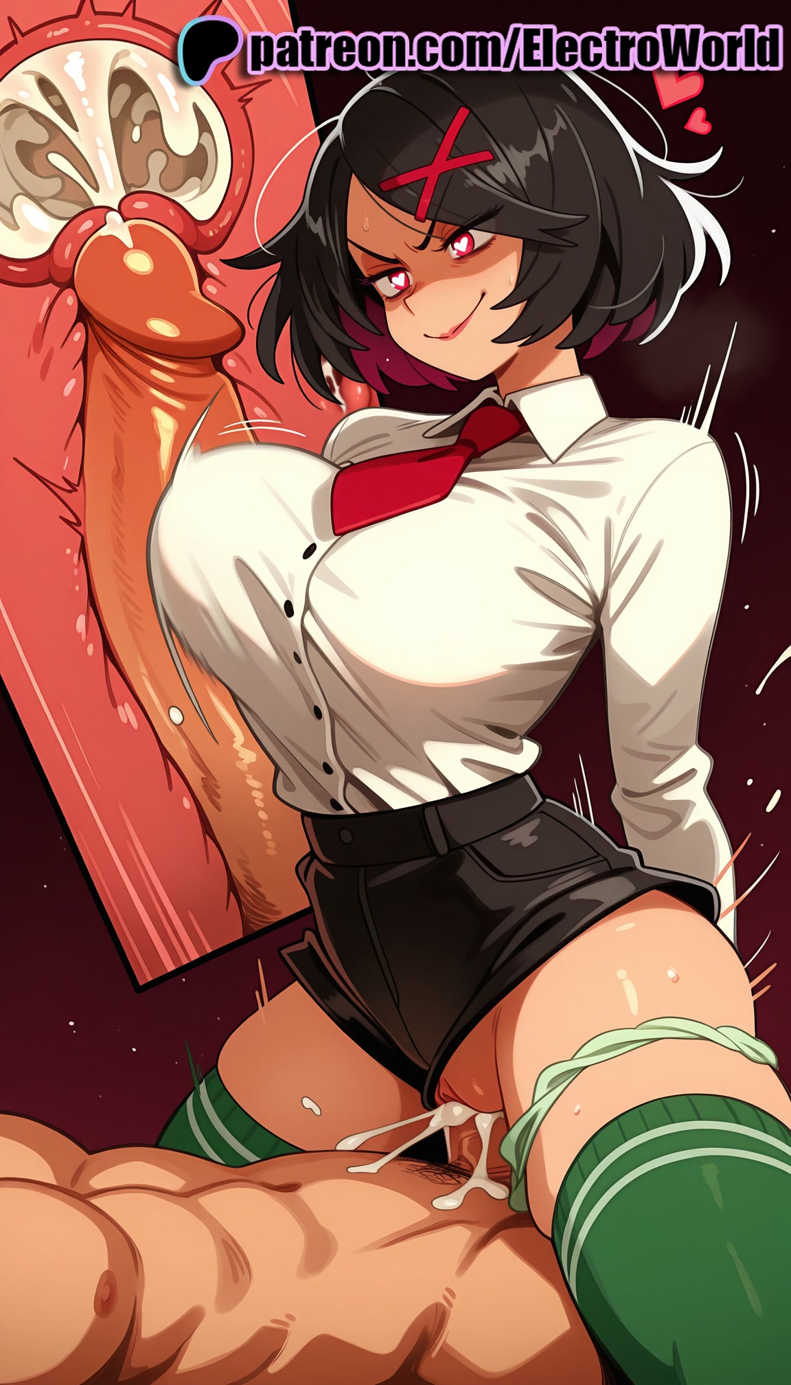 1boy, 1girls, 2025, ai generated, artist name, black hair, breasts, bust, cervix, chest, clitoral hood, clitoris, clothed female nude male, clothed sex, cock, cowgirl position, cross section, cum, cum in pussy, deep penetration, dick, ejaculation, electroworld, excessive cum, exposed pussy, female, female on top, female orgasm, fucking, green legwear, green panties, hair ornament, heart, hi res, high quality, high resolution, highres, intercourse, internal cumshot, juicy pussy, kunio-kun, large penis, love making, male, misako (kunio-kun), necktie, nude, orgasm, overflow, ovum, panties, panties around one leg, patreon, patreon username, penetration, penis, pussy, riding, sex, sexual intercourse, shirt, short hair, skirt, solo focus, sperm cell, stable diffusion, straddling, straight, thighhighs, tight pussy, uncensored, underwear, uterus, vagina, vaginal penetration, watermark, white shirt, x-ray