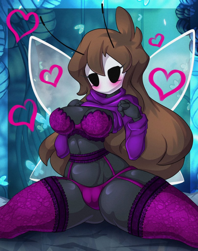 1girls, anthro, artist request, black body, blushing, brown hair, butterfly, butterfly wings, eyebrowless, female, hollow knight, hoodie, hoodie lift, lingerie, lingerie under clothes, lingerie under hoodie, love heart, no artist, no artist signature, presenting, ruri (miilkchan), solid eyes, solo, solo female, tagme