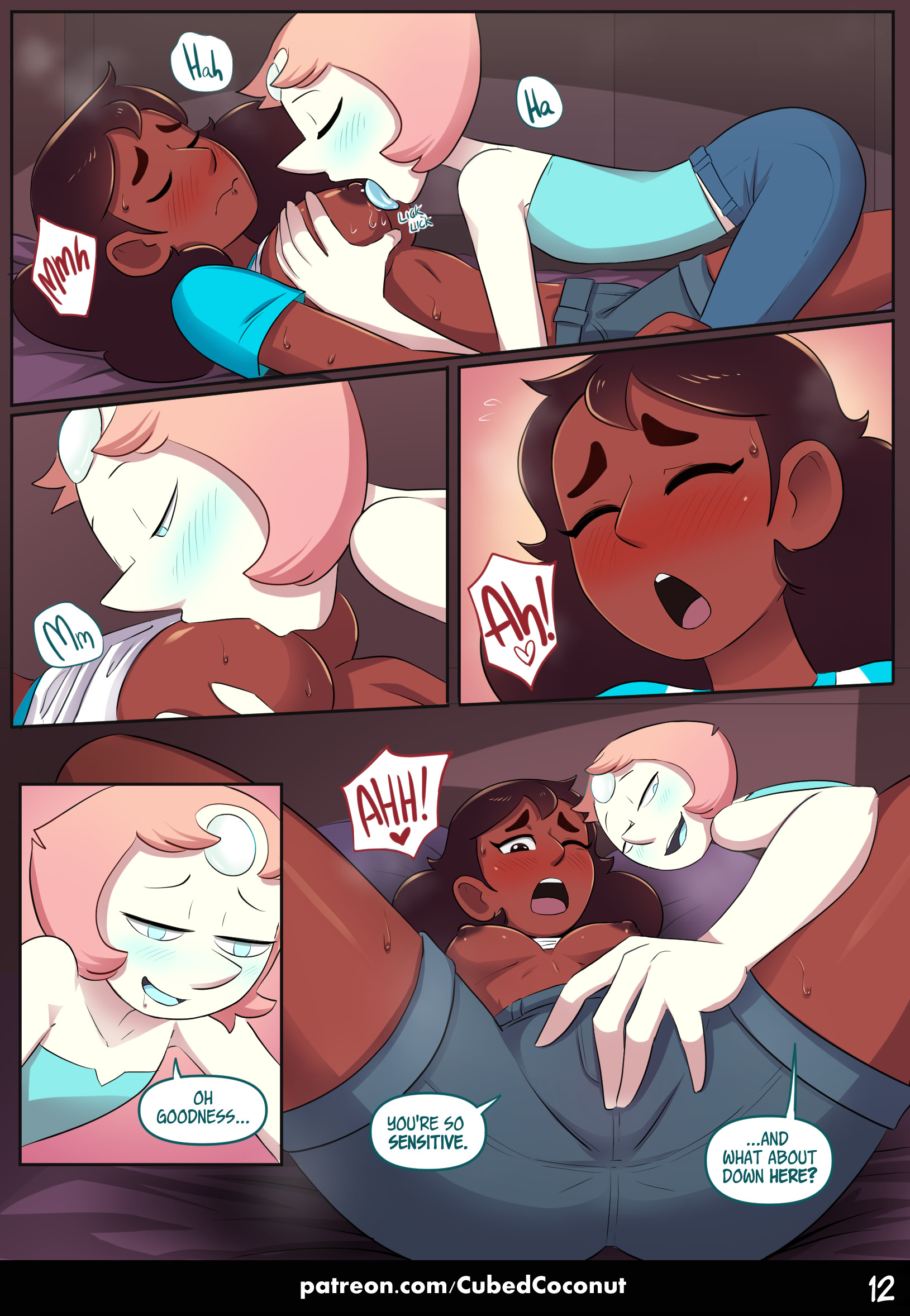 2girls, brown hair, comic, comic page, connie maheswaran, cubedcoconut, dark skin, dark-skinned female, female, female only, hi res, light skin, light-skinned female, pearl (steven universe), steven universe, tagme, text, yuri