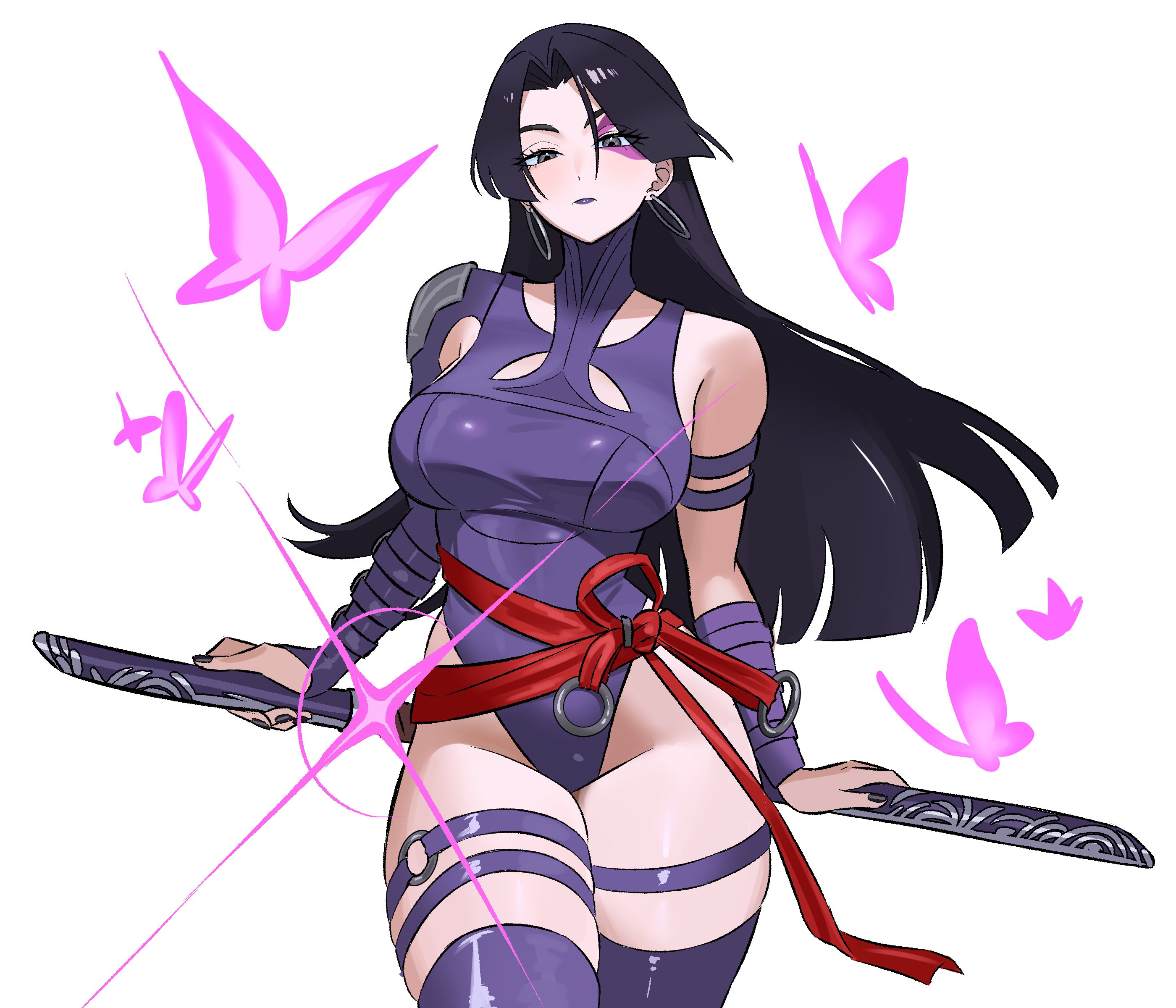 1girls, black eyes, black hair, breasts, clothed, earrings, eye contact, female, grey eyes, large breasts, looking at viewer, marvel, marvel comics, marvel rivals, pov, psylocke, psylocke (sai) (vengeance), purple leotard, purple lipstick, purple thighhighs, thick thighs, thigh strap, thigh straps, thighhighs, thighs, weapon, zeon (zzeeonn)