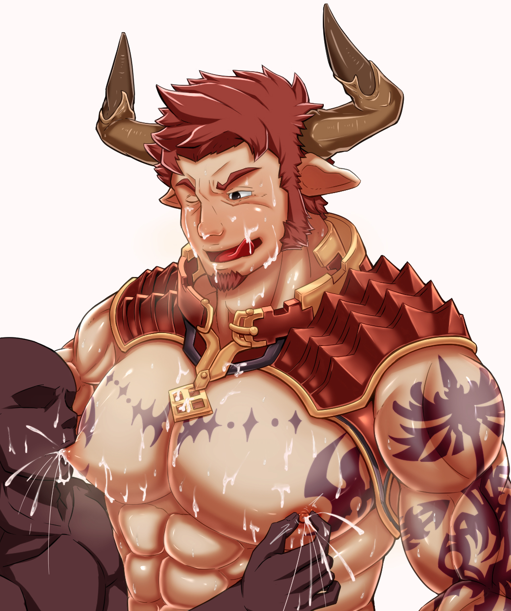 2boys abs agielba agieruba armor bara blush breast_sucking draph facial_hair granblue_fantasy horns lactation male male_lactation male_only multiple_boys muscle muscles nipple_tweak nipples pecs red_hair short_hair sideburns tattoo tongue tongue_out yaoi