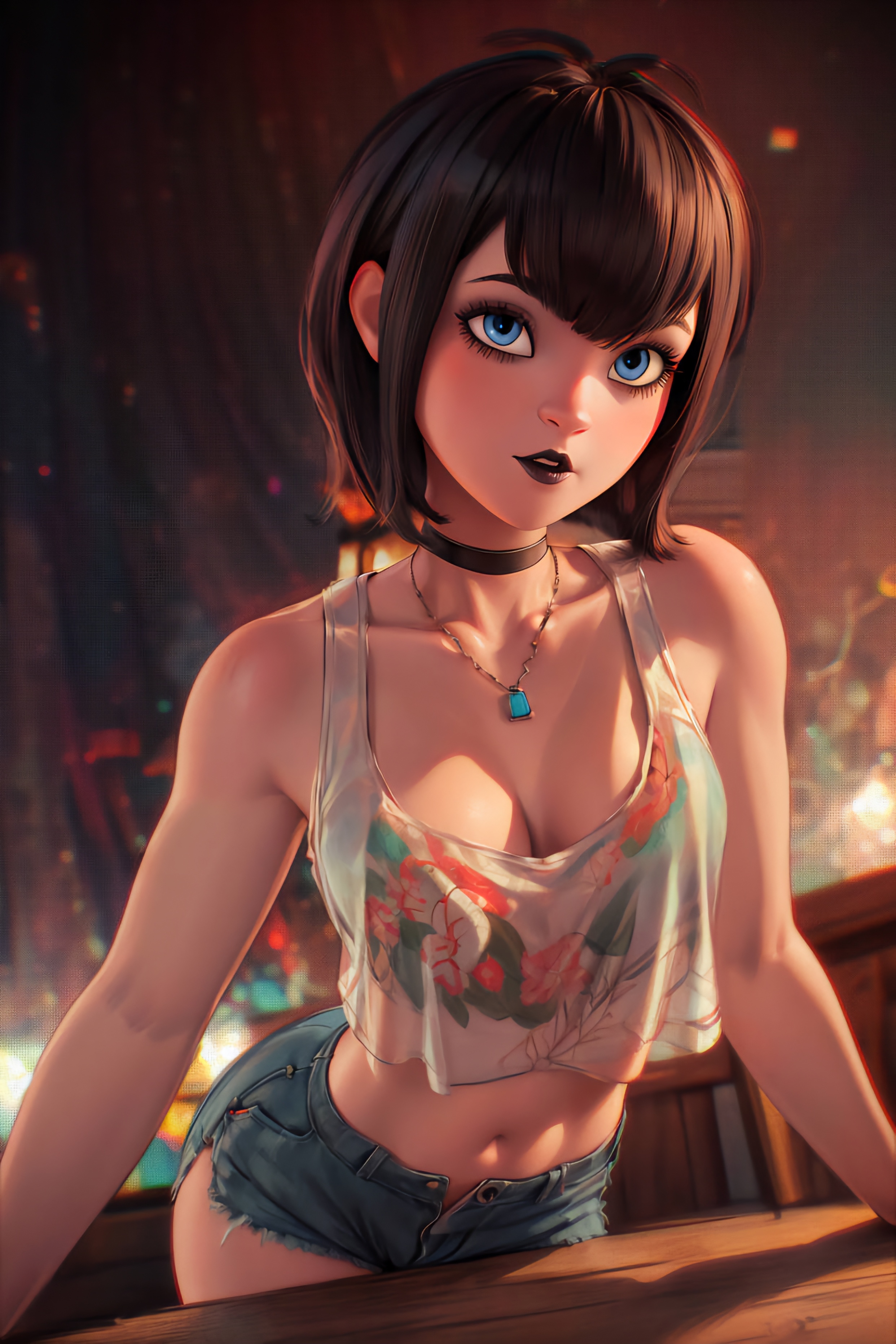 ai generated, choker, denim shorts, female, female only, hotel transylvania, mavis dracula, shorts, sippy69, tagme, tank top, vampire, vampire girl