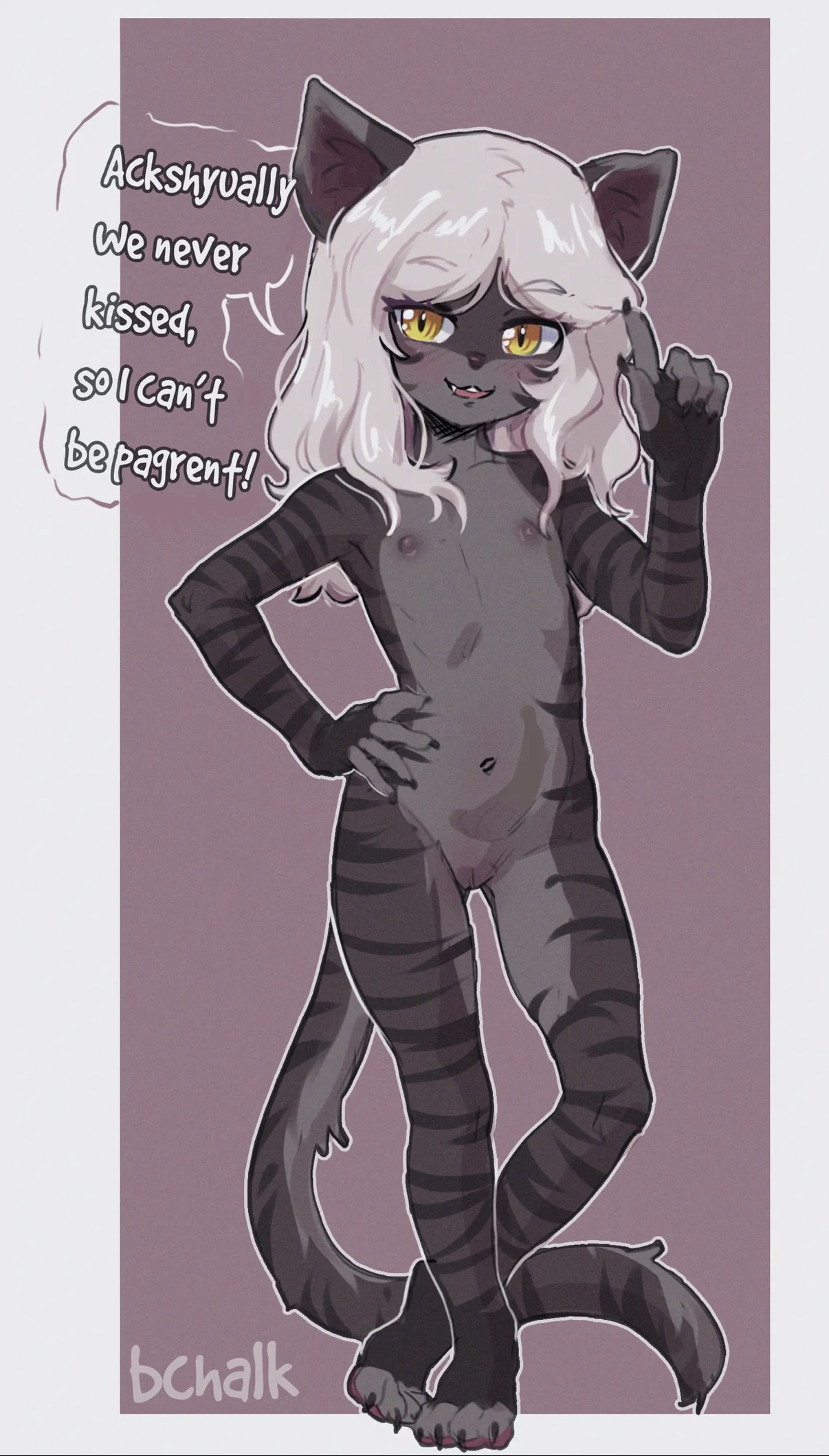 1girls, amalia (claralaine), anthro, anthro female, anthro only, anthro solo, bare breasts, bare chest, bare legs, bare midriff, bare thighs, barefoot, butterchalk, completely naked, completely naked anthro, completely naked female, completely nude, completely nude anthro, completely nude female, cub, dialogue, english, english text, eyebrows, eyebrows visible through hair, eyelashes, felid, feline, felis, female, female cub, female only, flat belly, flat chest, fur, furry, furry female, furry only, grey fur, hand on hip, long hair, naked, naked anthro, naked female, nude, nude anthro, nude female, petite, size difference, small breasts, smaller female, sole female, solo, solo anthro, solo female, spelling error, standing, tagme, text, text bubble, tiger stripes, toe beans, white hair, yellow eyes, young, young anthro, young female
