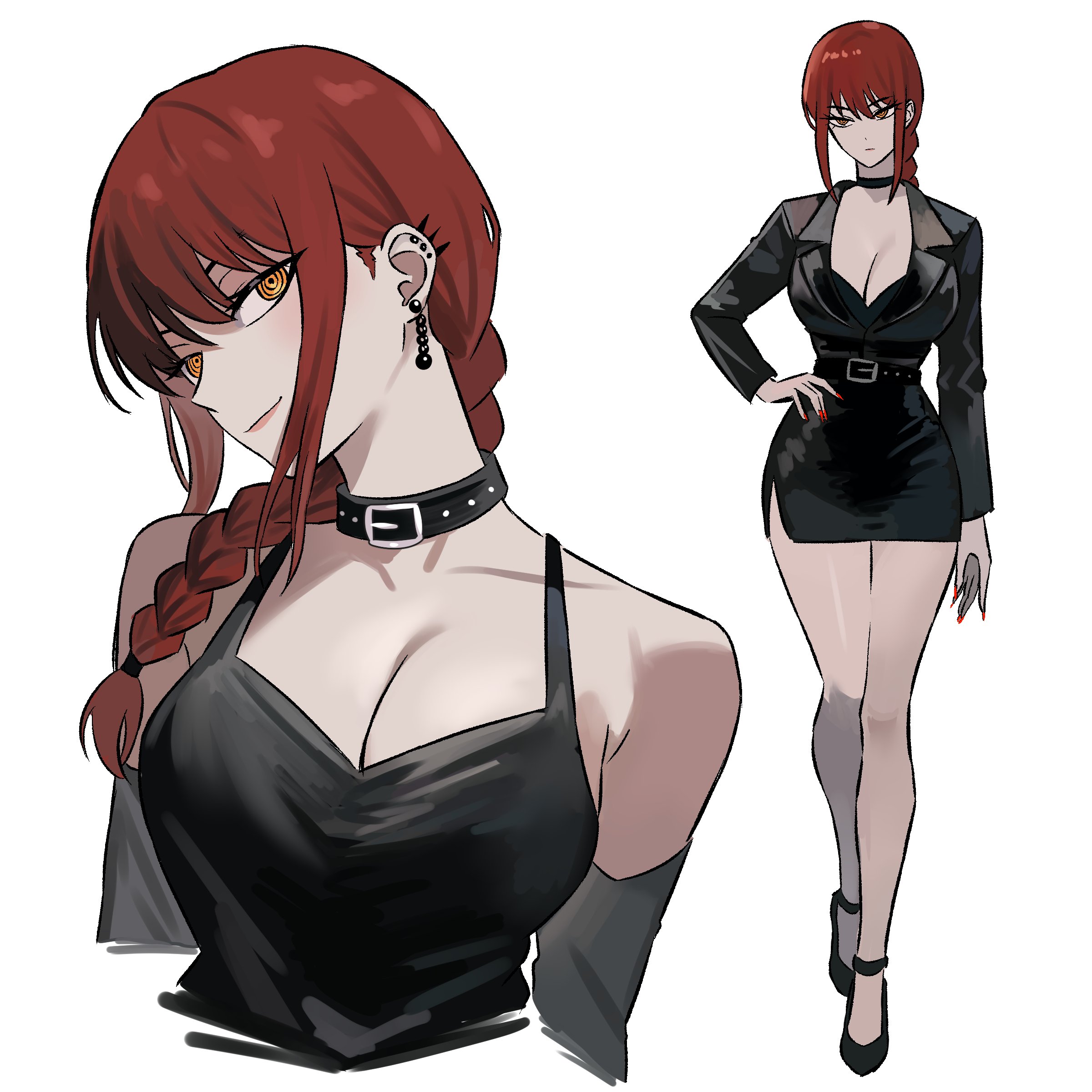 big breasts, breast focus, breasts, breasts focus, chainsaw man, cleavage, collar, dress, ear piercing, earrings, eye contact, female, hand on hip, heels, high heels, jacket, large breasts, legs, long legs, looking at viewer, makima (chainsaw man), multiple views, pov, red hair, red nails, side view, suggestive, suggestive look, thick thighs, thighs, tied hair, yellow eyes, zeon (zzeeonn)