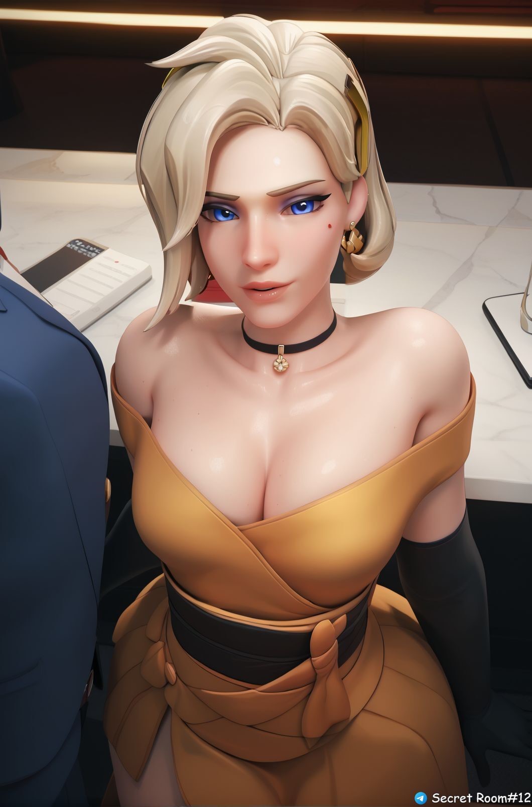 1female 3d ai_generated angela_ziegler blue_eyes choker female formalwear_mercy front_view gloves gold_dress gold_jewelry mature_female mature_woman mercy overwatch overwatch_2 pony_diffusion_xl secret_room12 shiny_skin short_hair stable_diffusion video_game video_game_character video_games