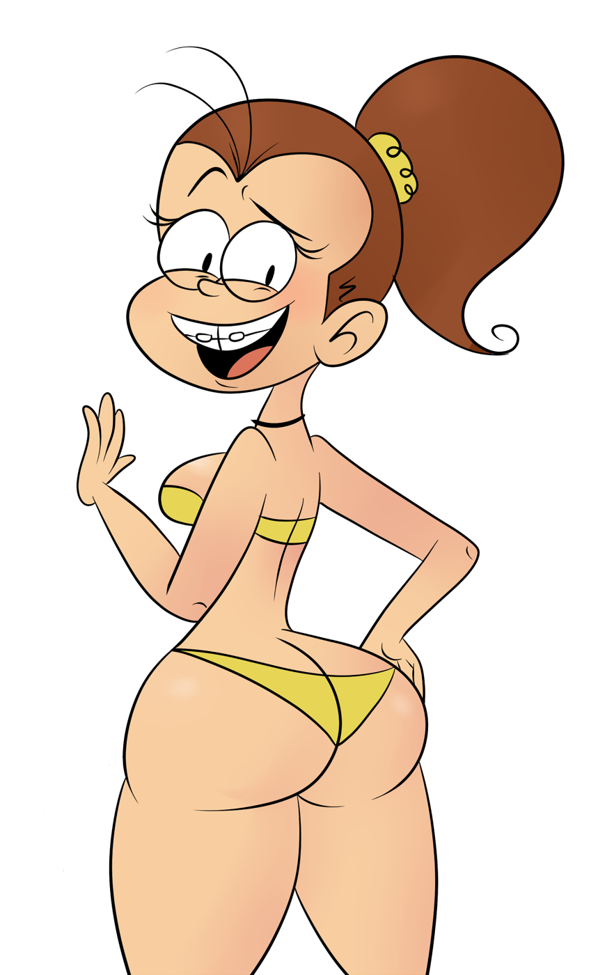 ass, ass cleavage, ass crack, back view, big ass, bikini, braces, breasts, brown hair, buckteeth, butt crack, choker, cowboy shot, female, female only, gesture, hand on hip, huge ass, human, long hair, looking at viewer, looking back, luan loud, medium breasts, nickelodeon, open mouth, ponytail, scobionicle99, scrunchie, sideboob, smile, solo, standing, straight hair, the loud house, tied hair, transparent background, waving, yellow bikini