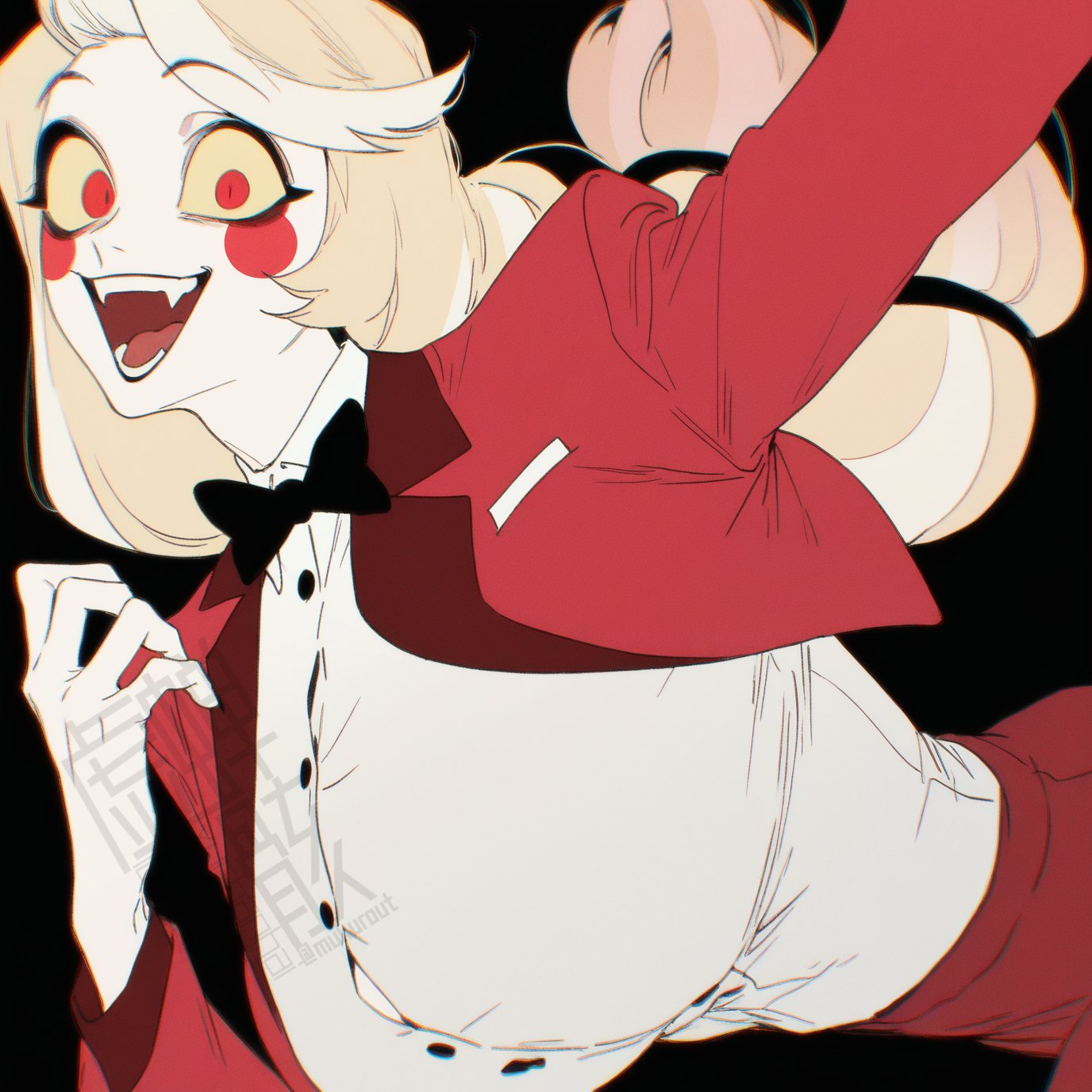 ai generated, blonde hair, breasts, button down shirt, charlie morningstar (hazbin hotel), demon, demon girl, female, hazbin hotel, huge breasts, looking at viewer, mukurout, red eyes, smiling at viewer, tight clothing, white skin