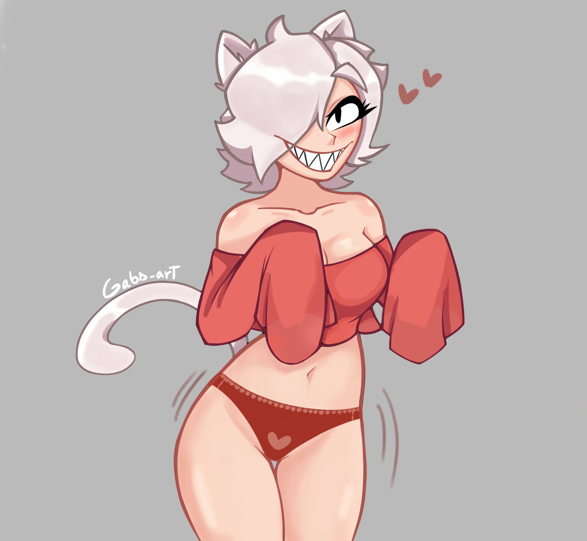 1girls, blush, brawl stars, breasts, cat ears, cat tail, colette (brawl stars), eyelashes, female, female only, gabri art, hip sway, long sleeves, panties, sharp teeth, simple background, solo, solo female, supercell, thick thighs, white hair