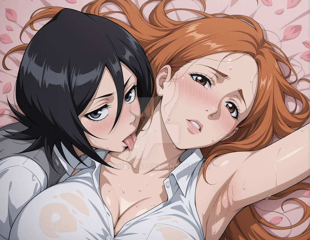2girls, ai generated, big breasts, black hair, bleach, breasts, cleavage, female, female only, inoue orihime, kuchiki rukia, licking neck, long hair, open mouth, orange hair, see-through, see-through clothing, see-through shirt, shirt, short hair, sweat, waifuxart, wet clothes, wet shirt, yuri