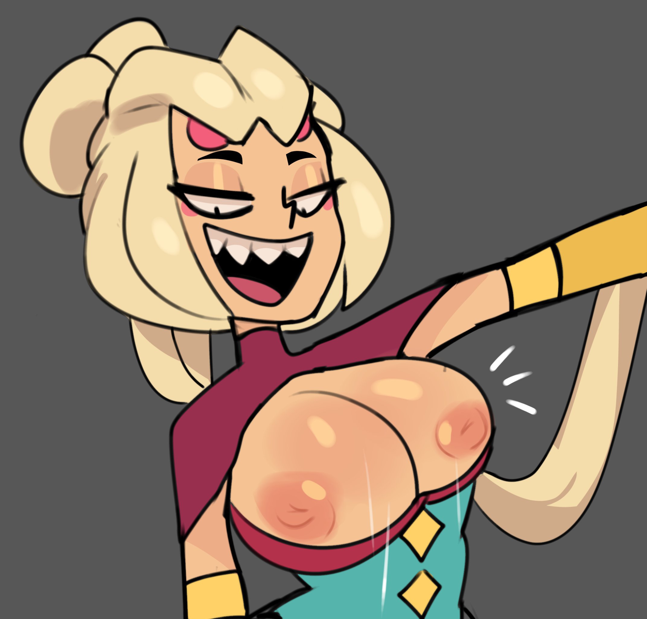 blonde hair, brawl stars, breasts, charlie (brawl stars), female, jaylin, looking at viewer, showing breasts, smile, supercell