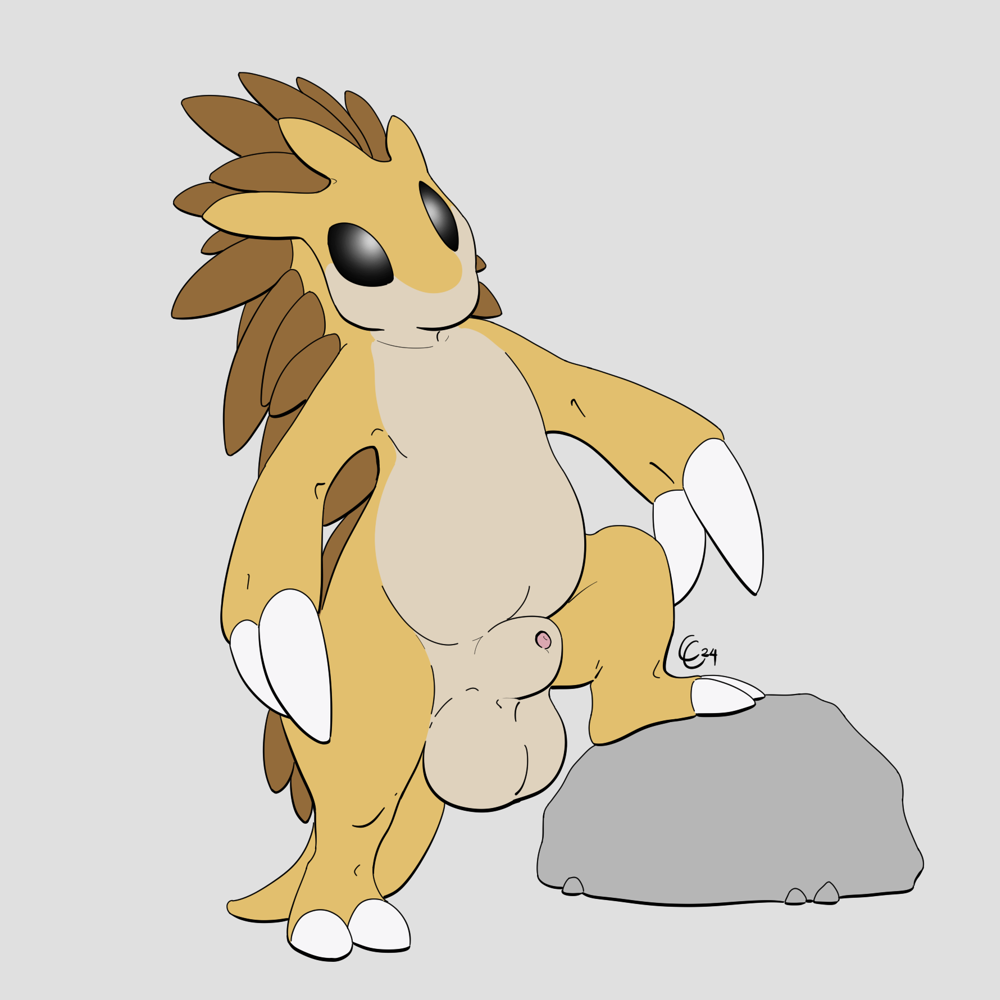 1:1 animal_genitalia anthro balls big_balls biped causationcorrelation claws countershade_face countershade_torso countershading generation_1_pokemon genitals male nintendo pokemon pokemon_(species) sandslash sheath solo tail