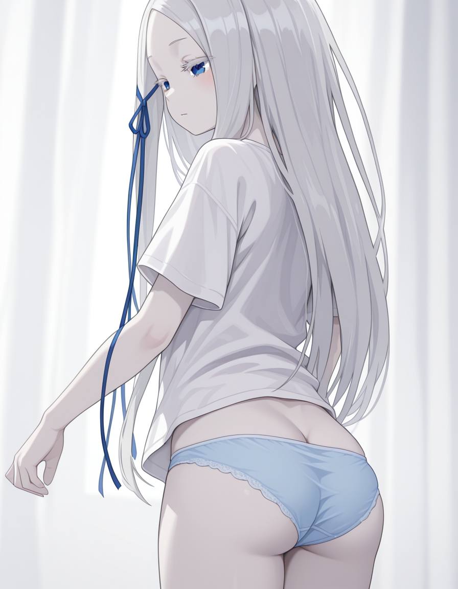 1girl ai_generated ass ass_cleavage ass_focus blue_panties blush butt_crack butt_focus female female_focus female_only pandora_(re:zero) re:zero_kara_hajimeru_isekai_seikatsu white_eyebrows white_hair white_shirt zelanell